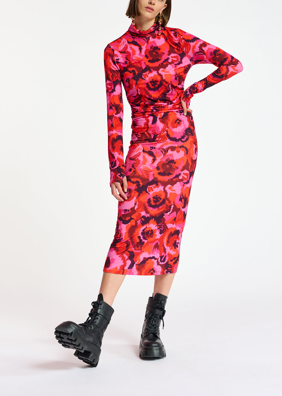 Pink and red floral-print stretch-jersey midi dress RE—SSENTIEL | Essentiel second hand