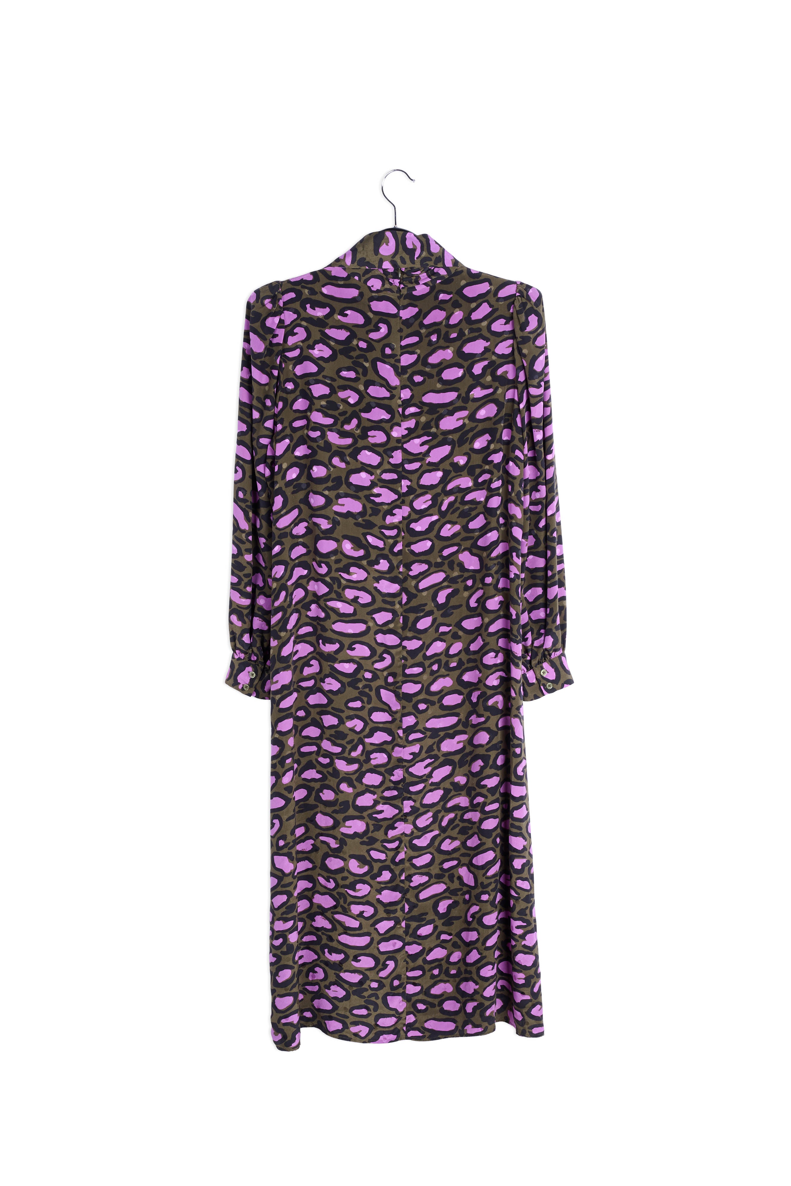 Flesgroene zijden midi-jurk met opstaande kraag en luipaardprint RE—SSENTIEL | Essentiel second hand