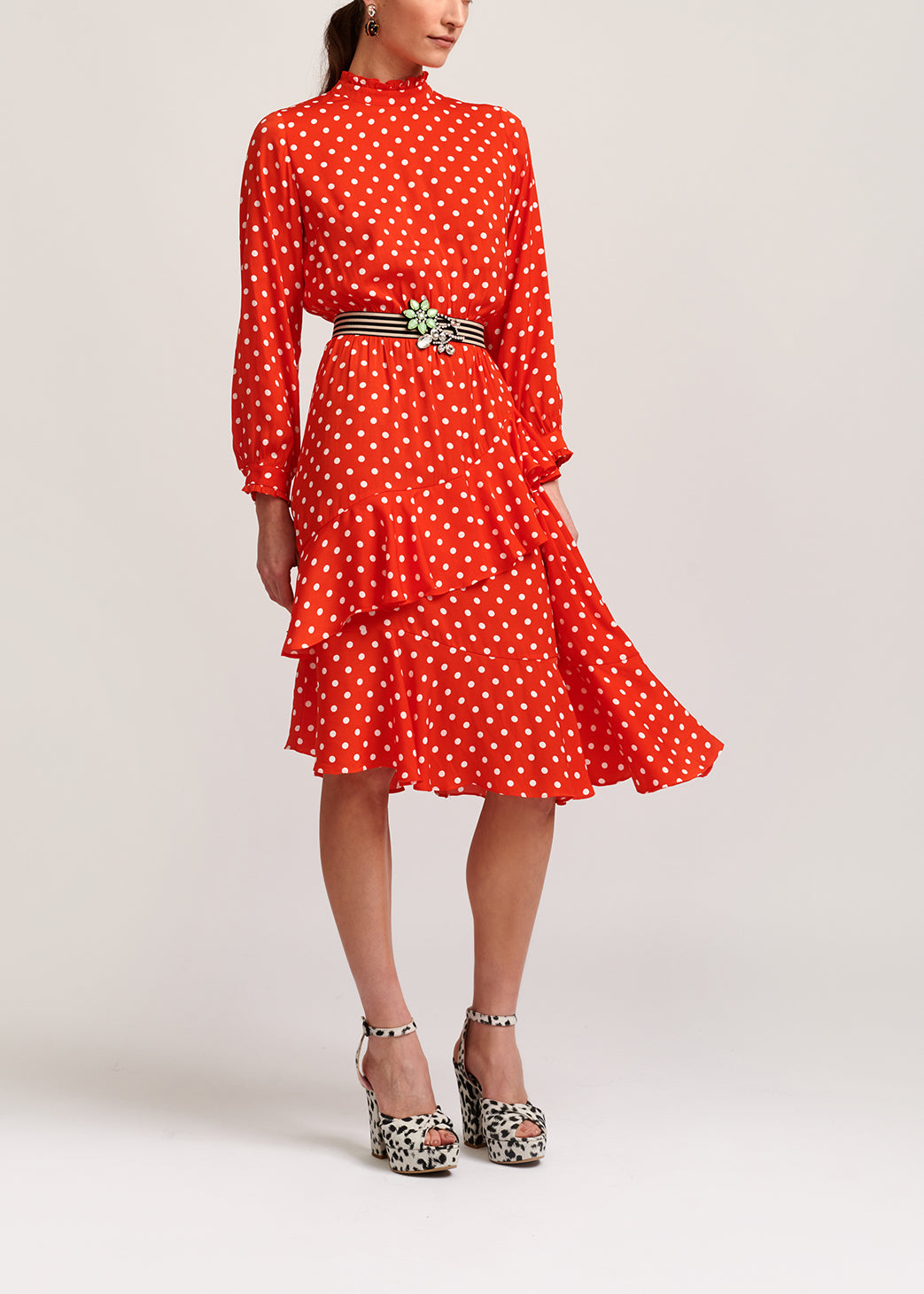 Red polka dot ruffled midi dress RE—SSENTIEL | Essentiel second hand