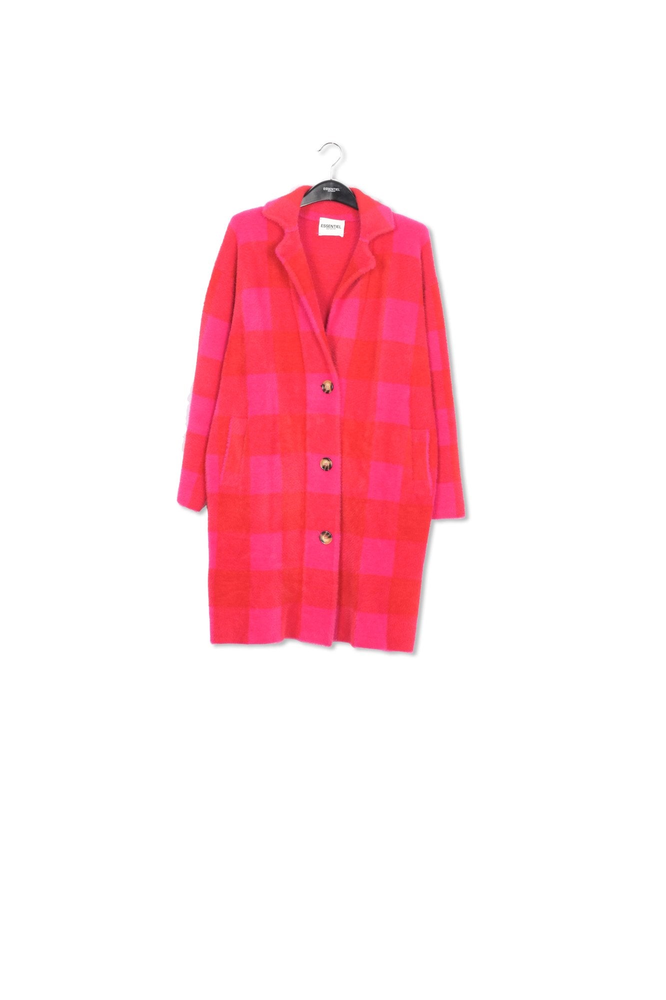 Red and pink check knitted coat RE—SSENTIEL | Essentiel second hand