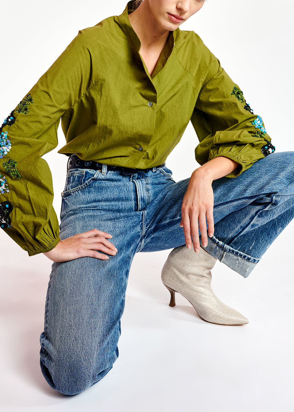 Kakigroen hemd met pailletten RE—SSENTIEL | Essentiel second hand