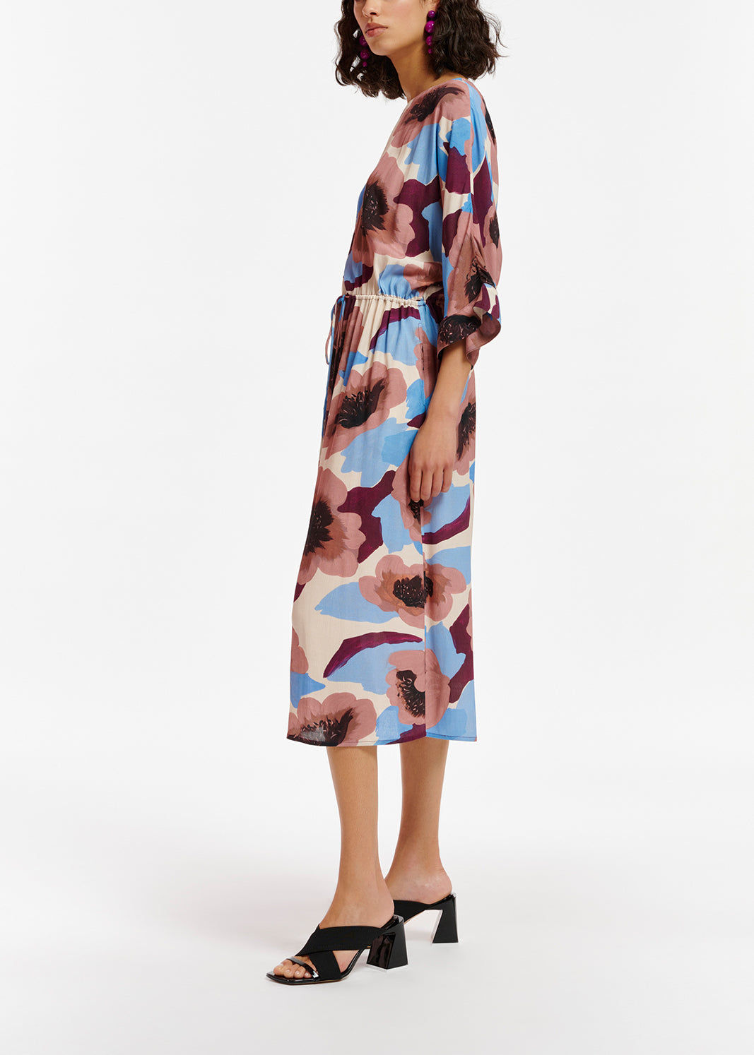 Mauve, burgundy and blue midi-length dress with floral print RE—SSENTIEL | Essentiel second hand