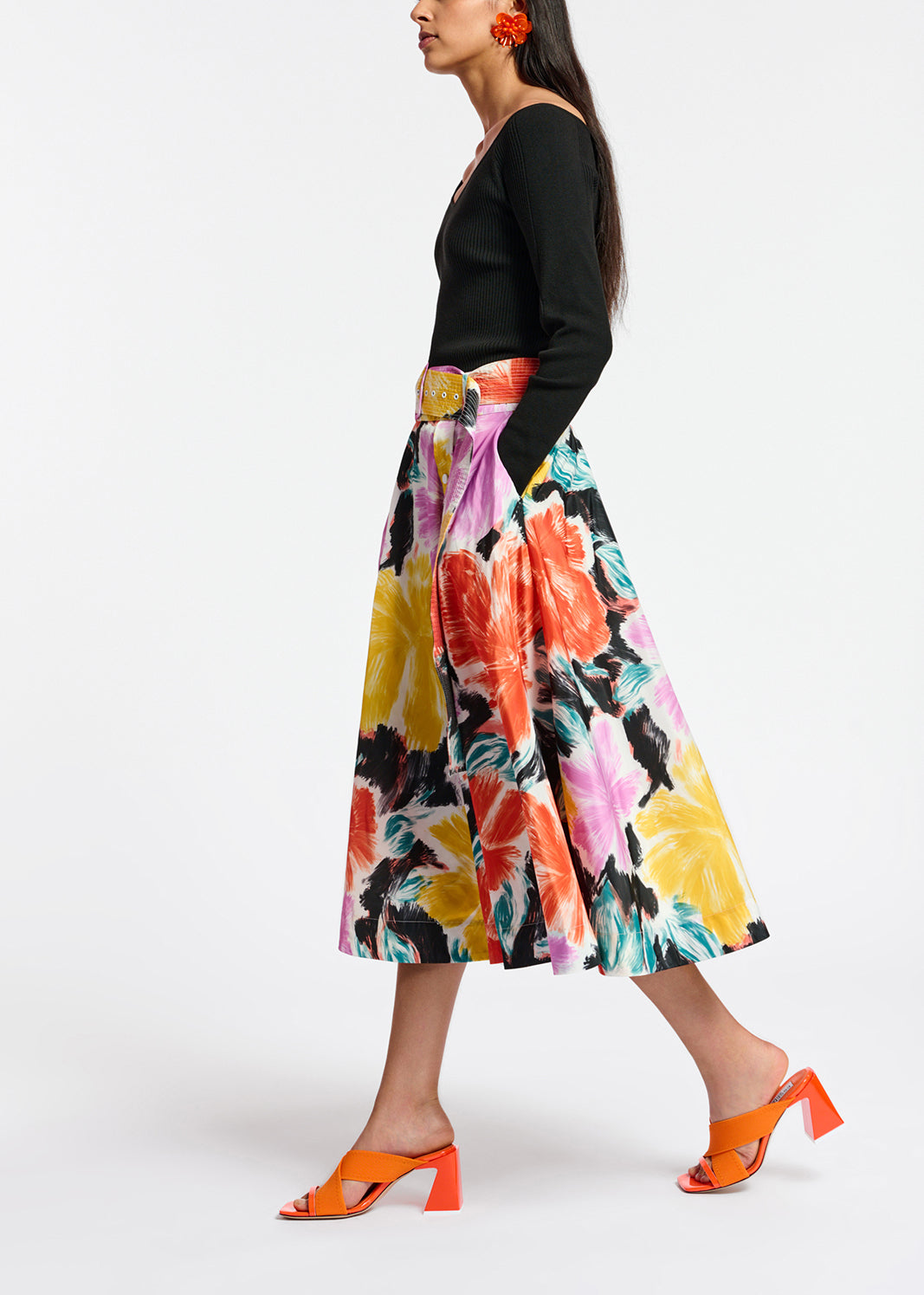 Black, orange and yellow floral print midi-length skirt RE—SSENTIEL | Essentiel second hand