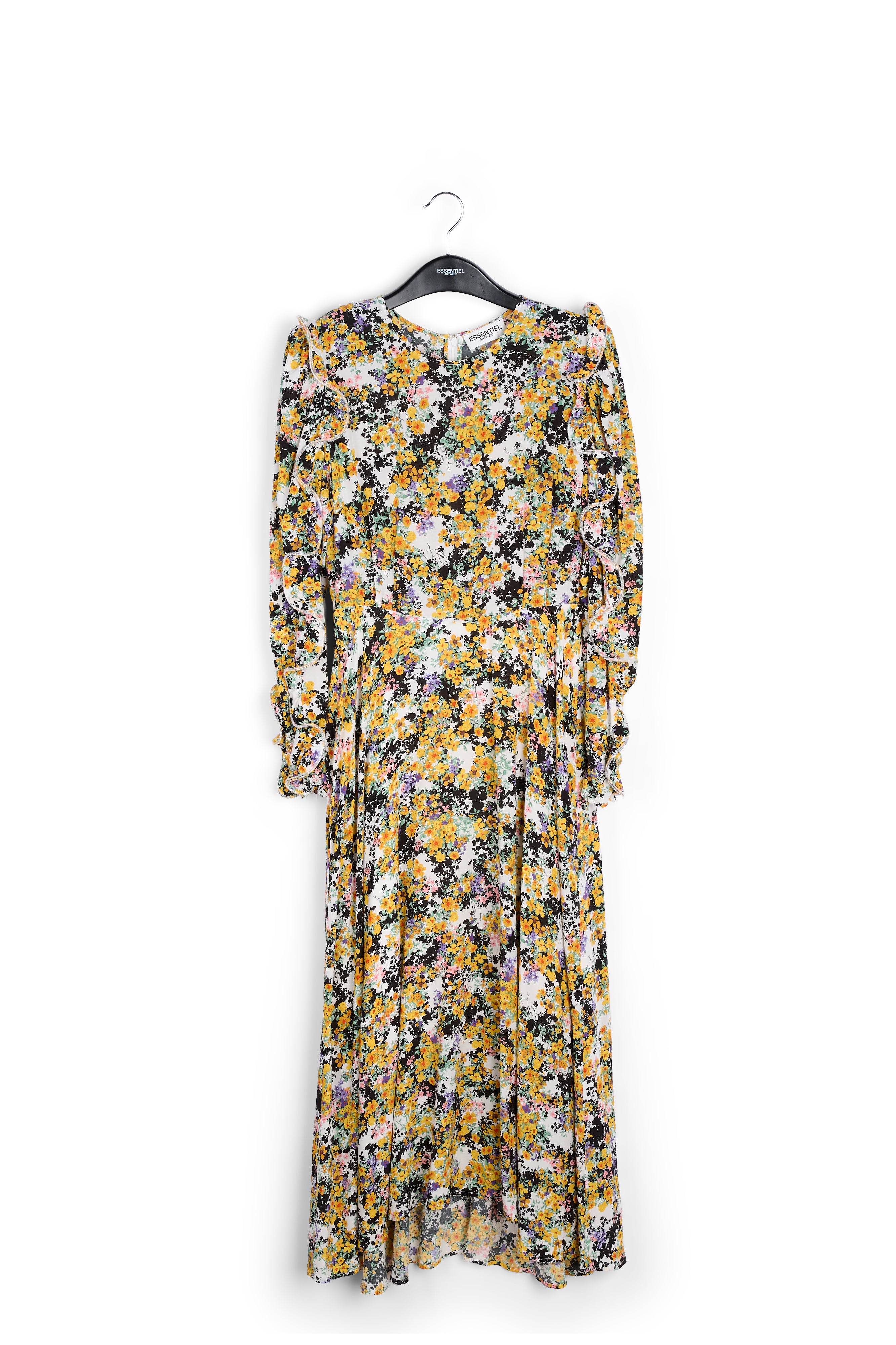 Gebroken witte maxi-jurk met bloemen en ruches RE—SSENTIEL | Essentiel second hand