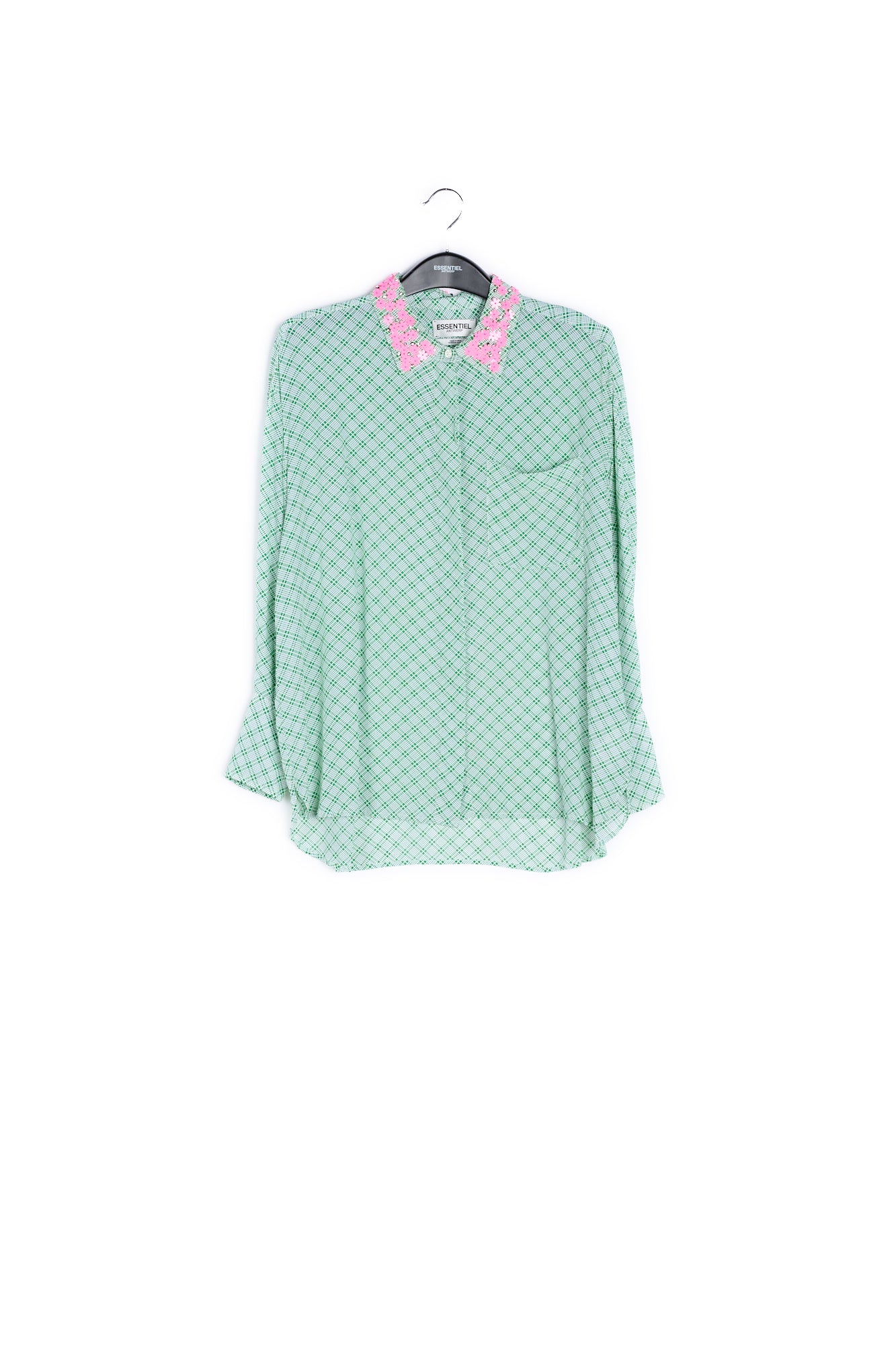 Green and white large check oversized shirt with sequined collar RE—SSENTIEL | Essentiel second hand