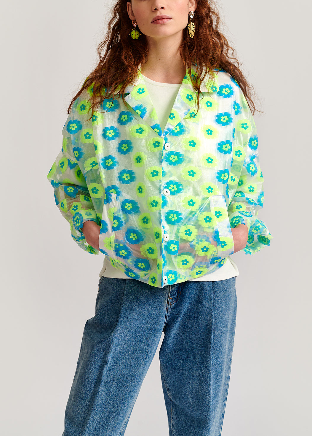 Neon green and blue floral-print see-through jacket RE—SSENTIEL | Essentiel second hand