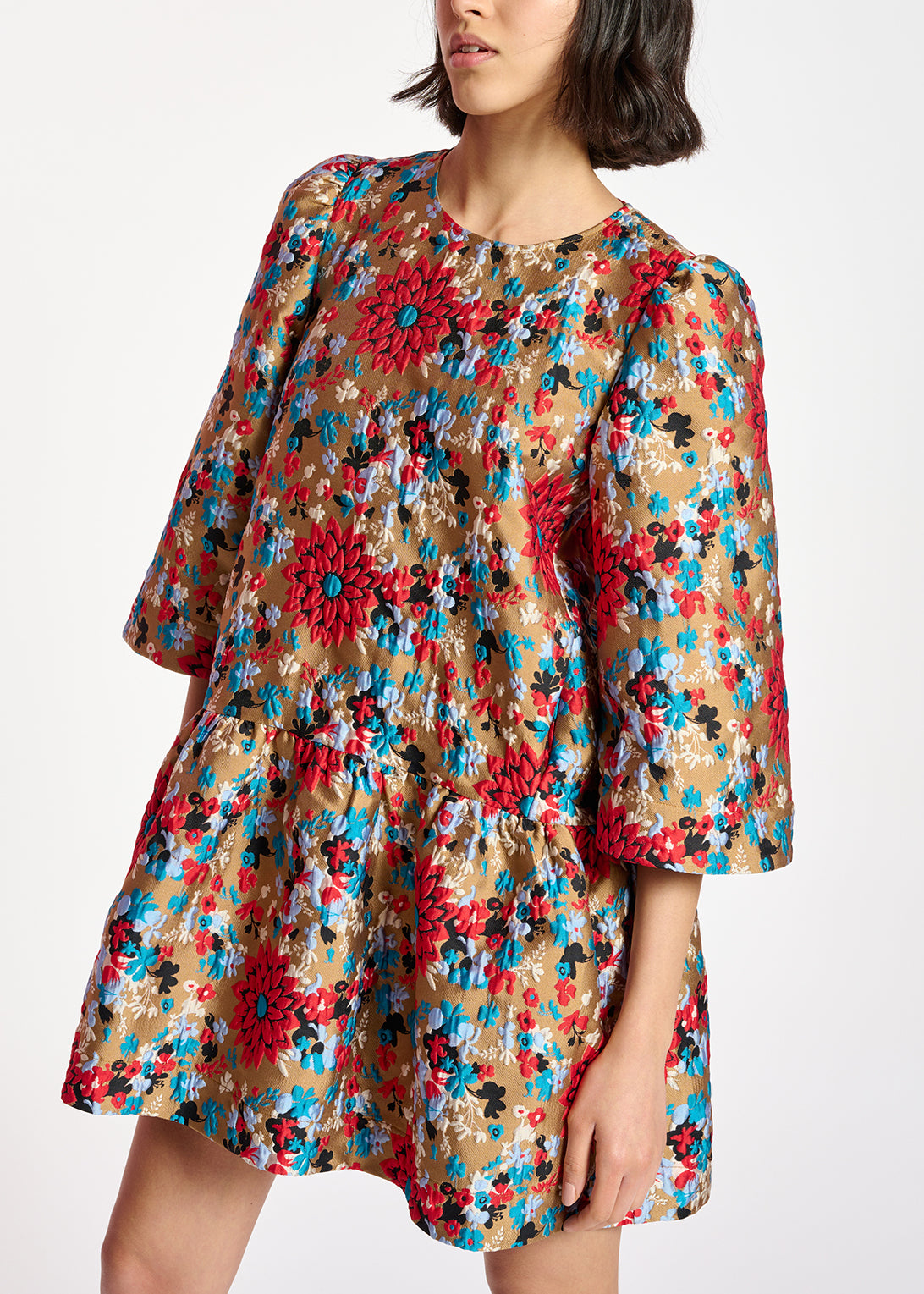 Camel floral jacquard mini dress RE—SSENTIEL | Essentiel second hand