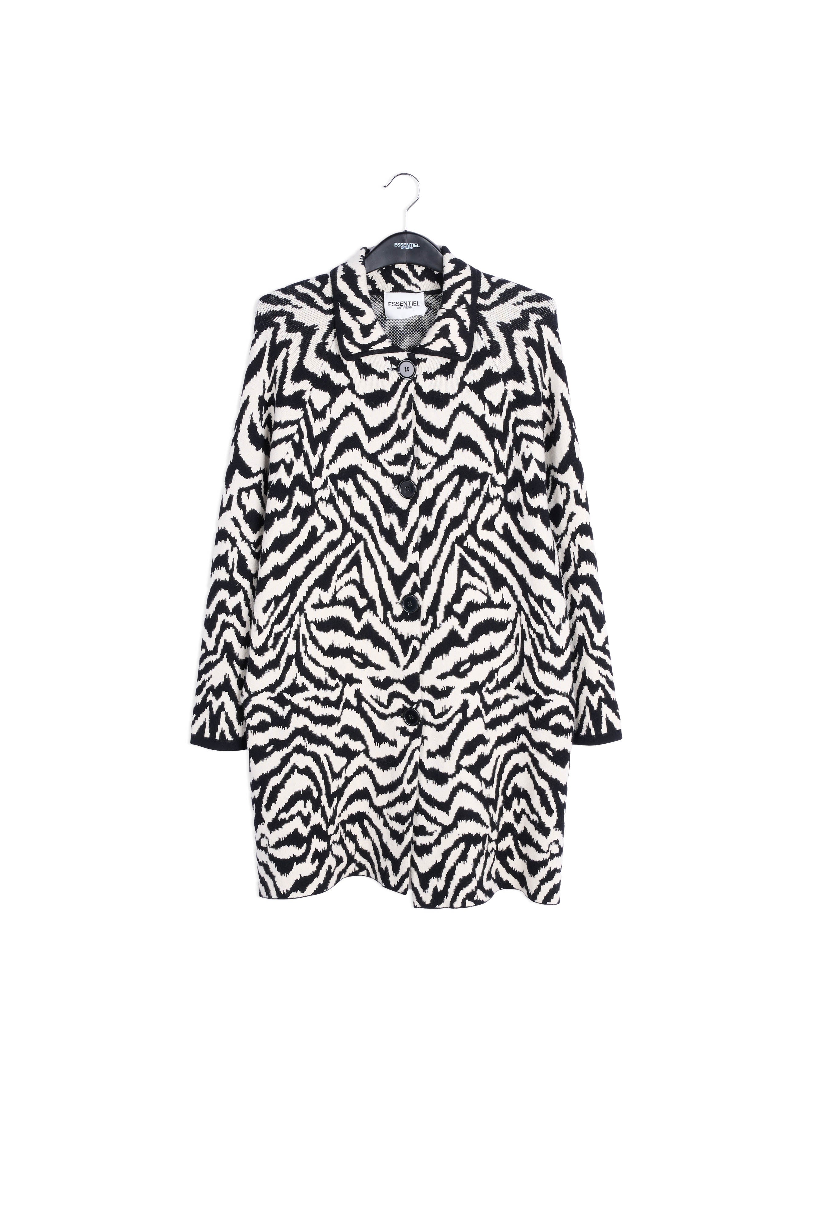 Long manteau en jacquard zébré noir et blanc cassé RE—SSENTIEL | Essentiel second hand