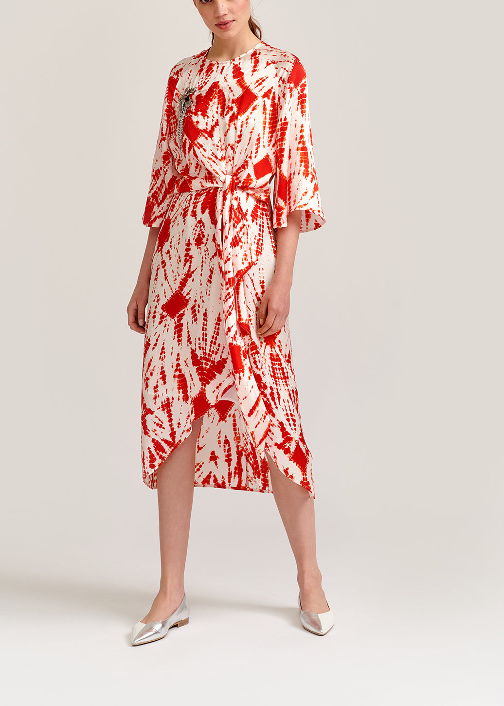 Off-white and red tie-dyed silk midi dress RE—SSENTIEL | Essentiel second hand