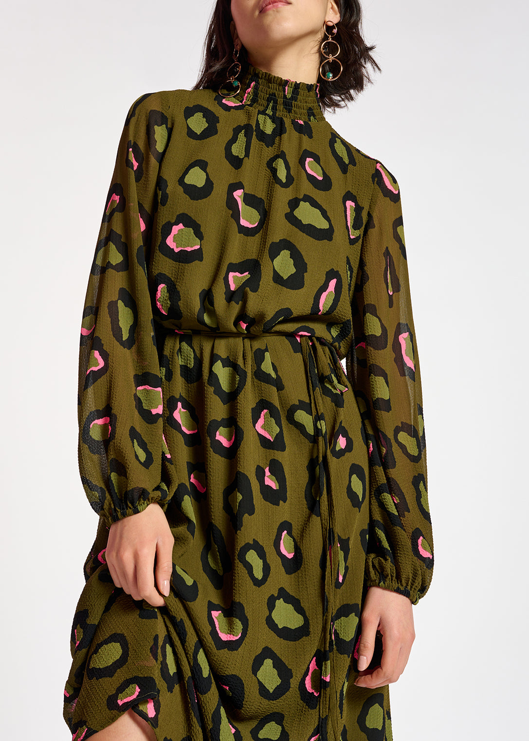 Khaki leopard-print midi-length dress RE—SSENTIEL | Essentiel second hand