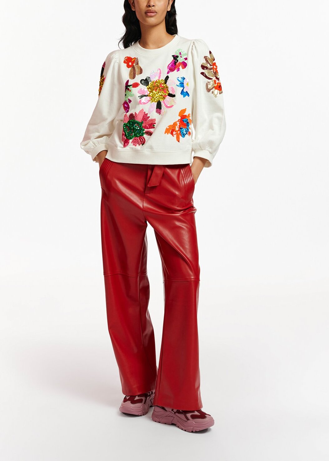 Red faux leather belted pants RE—SSENTIEL | Essentiel second hand