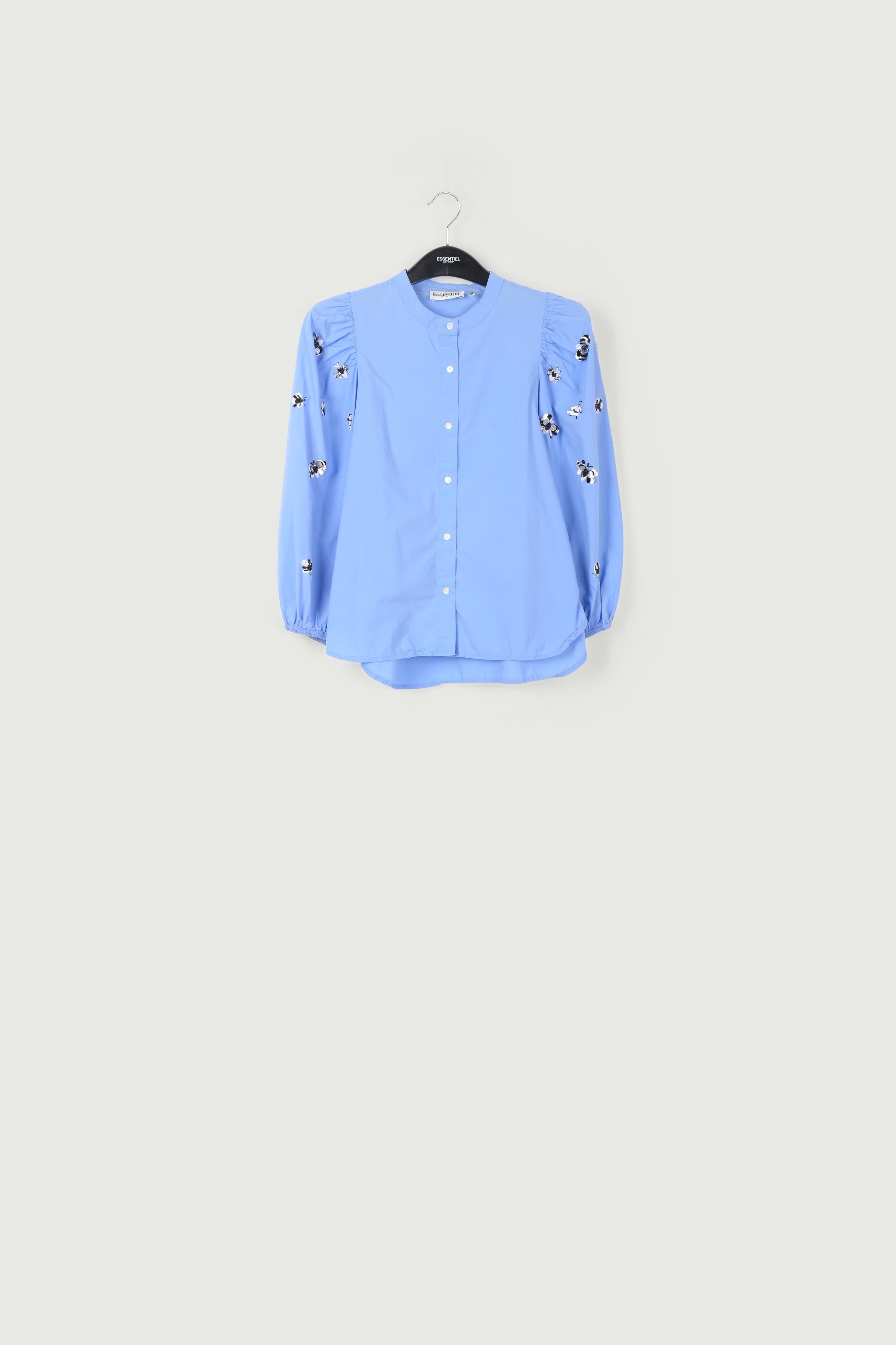 Blue cotton-poplin embroidered puffed-sleeve shirt RE—SSENTIEL | Essentiel second hand