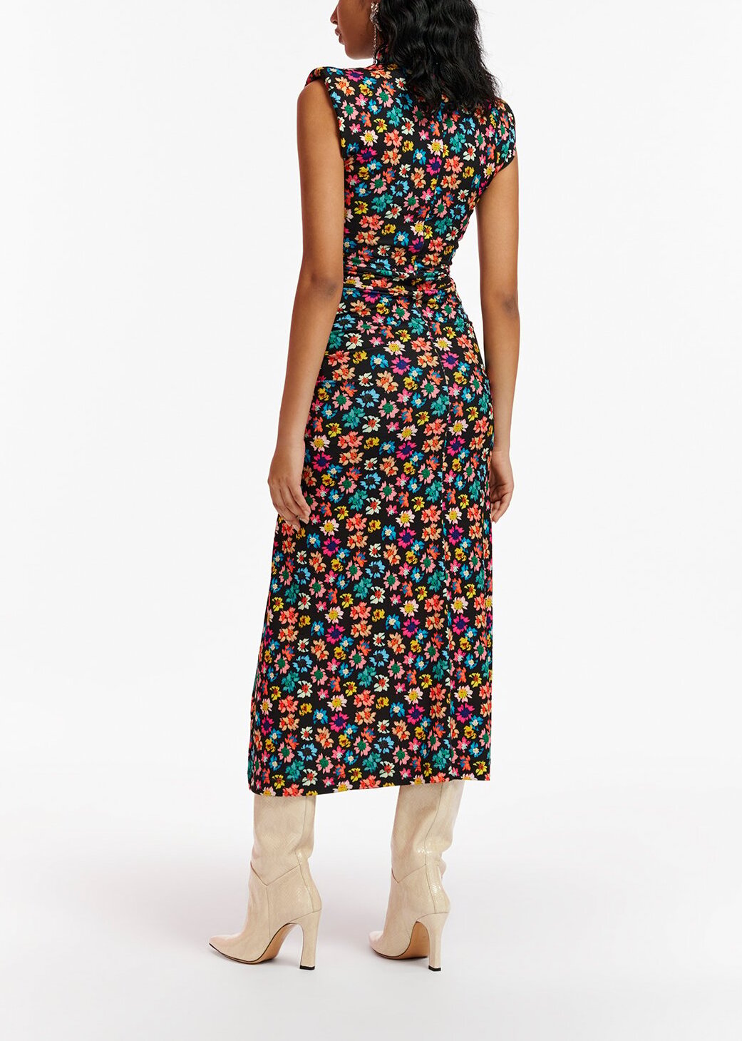 Black stretch-jersey midi dress with multicolor floral print RE—SSENTIEL | Essentiel second hand