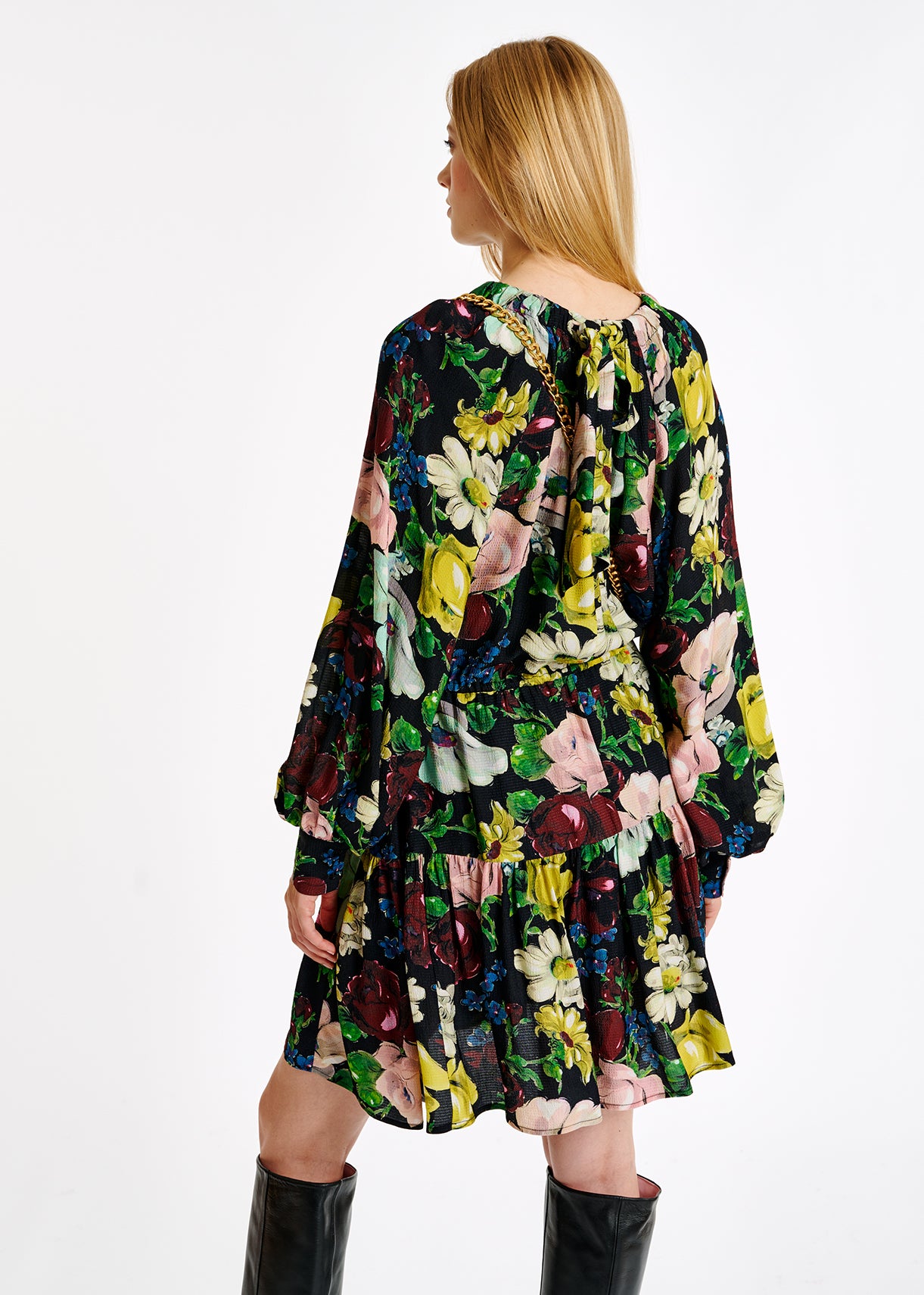 Black, white and yellow floral print mini dress RE—SSENTIEL | Essentiel second hand
