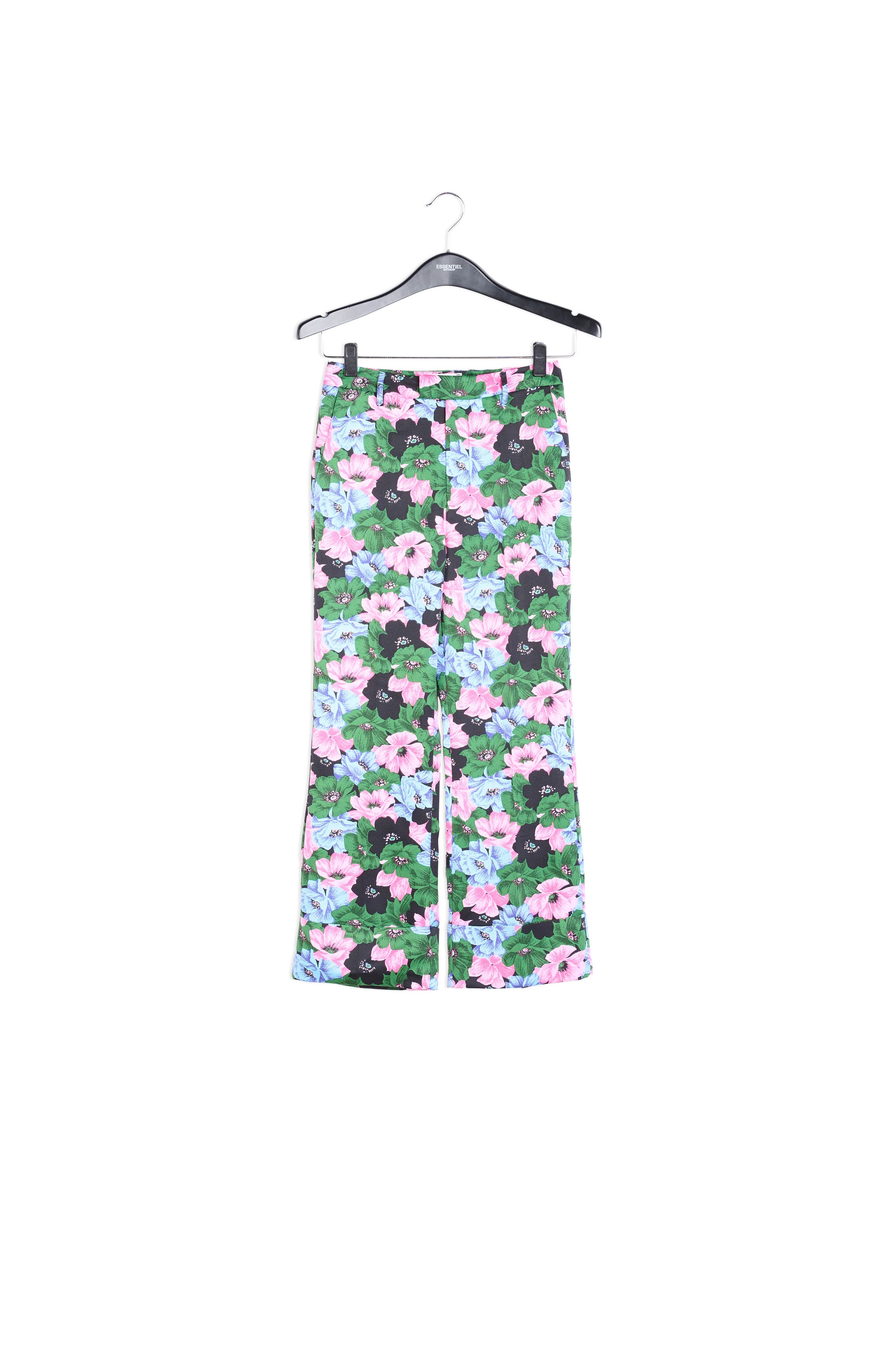 Pantalon tailleur rose, bleu clair et vert bouteille à imprimé fleuri RE—SSENTIEL | Essentiel second hand