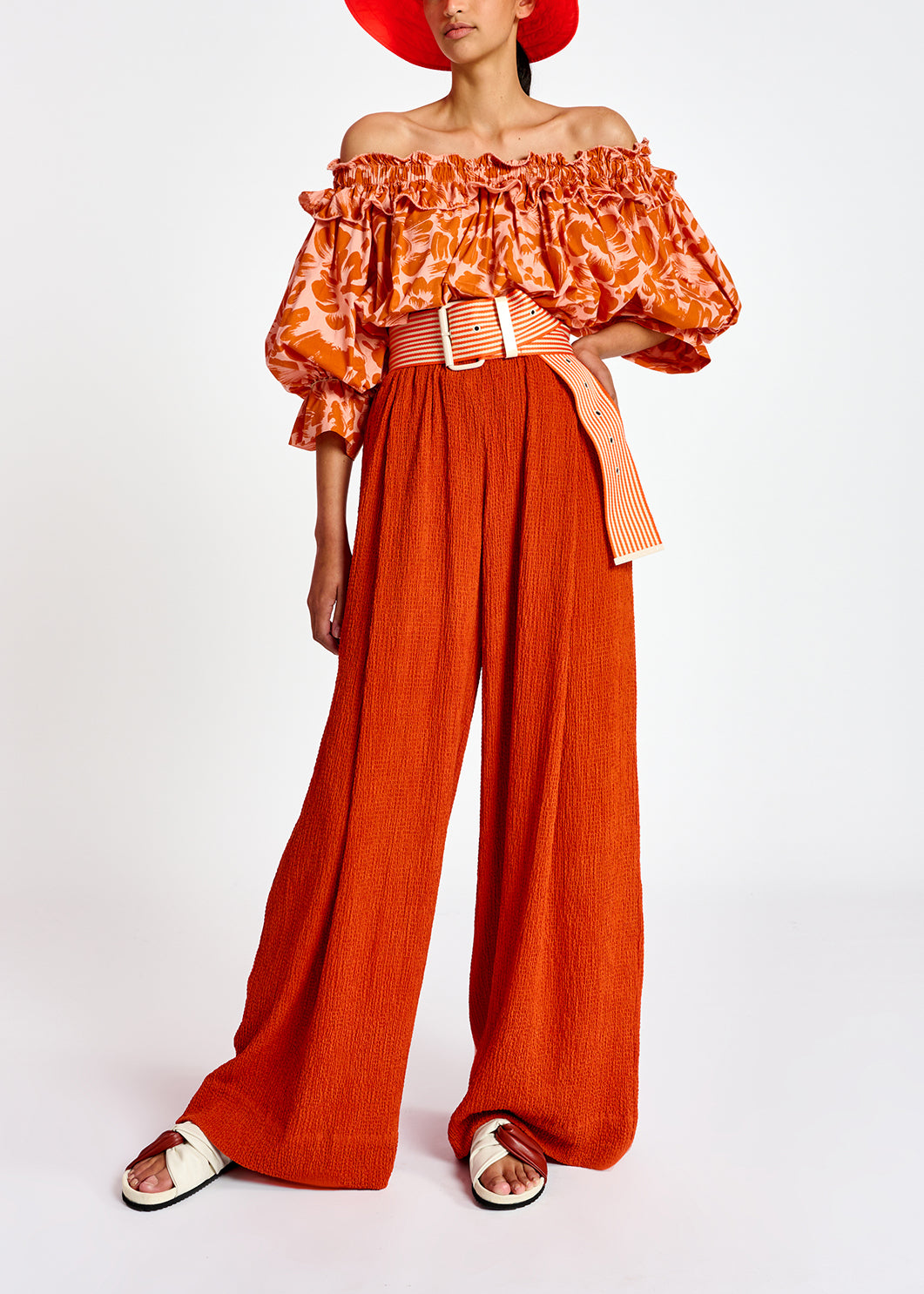 Light pink and orange tropical print off-the-shoulder top RE—SSENTIEL | Essentiel second hand