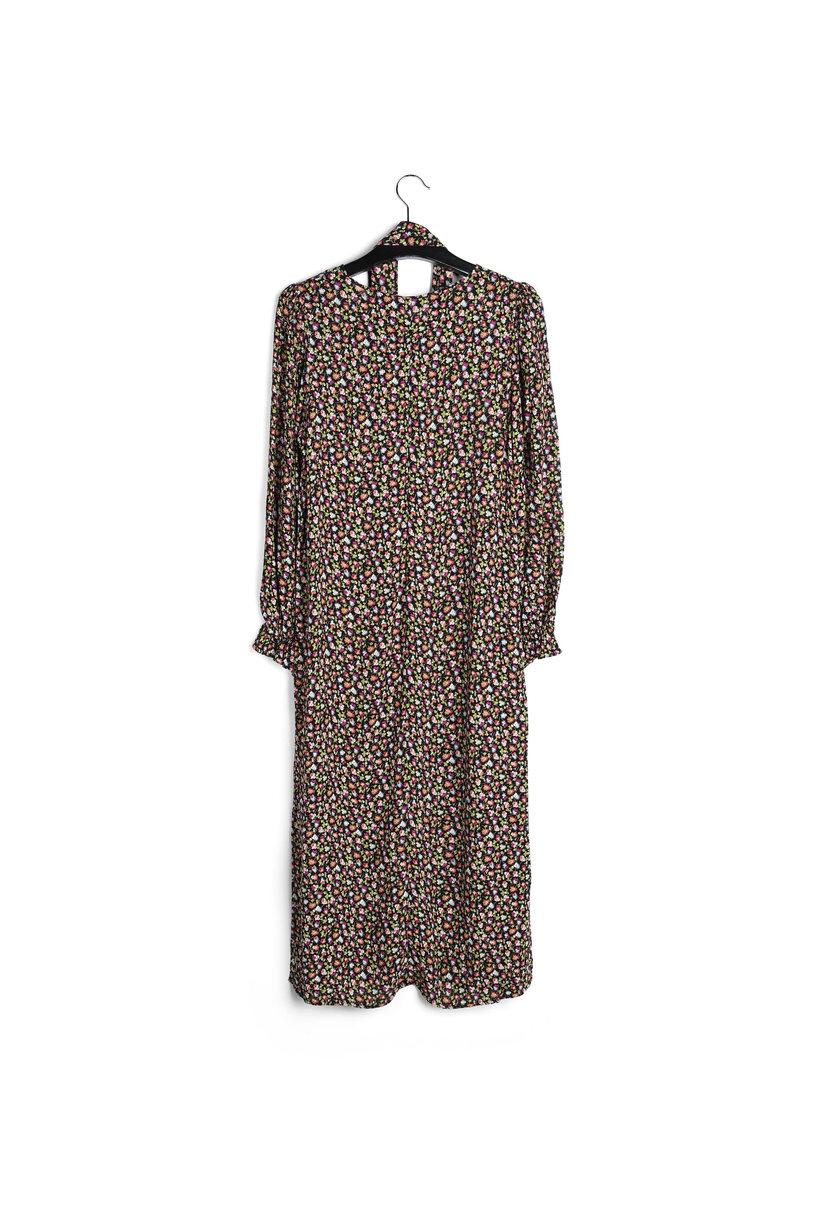 Midi-jurk met riem en zwarte, lichtgroene en fuchsia bloemenprint RE—SSENTIEL | Essentiel second hand