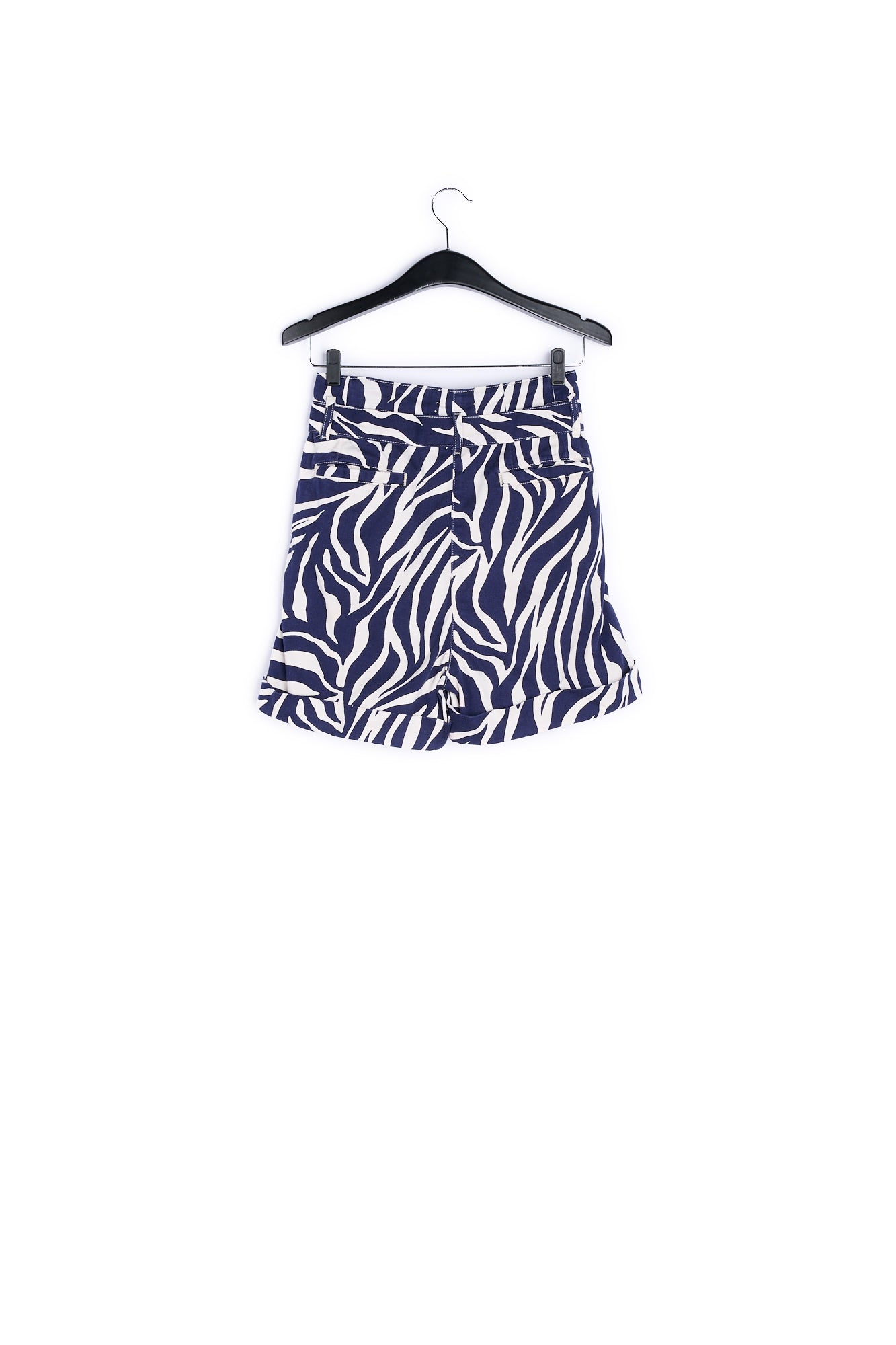 Off-white and navy blue zebra-print belted denim shorts RE—SSENTIEL | Essentiel second hand