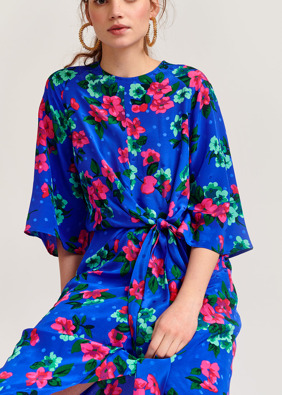 Blue floral and polka dot silk midi dress RE—SSENTIEL | Essentiel second hand