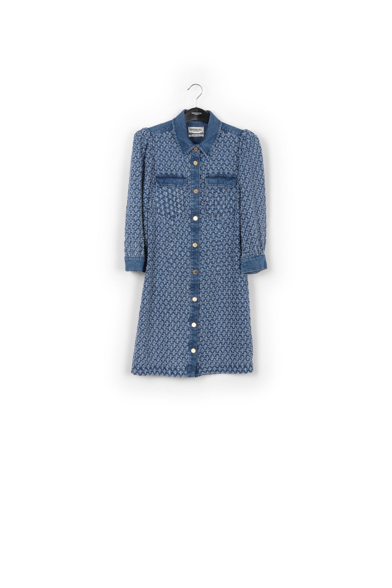 Dark blue perforated denim puffed sleeves mini dress RE—SSENTIEL | Essentiel second hand