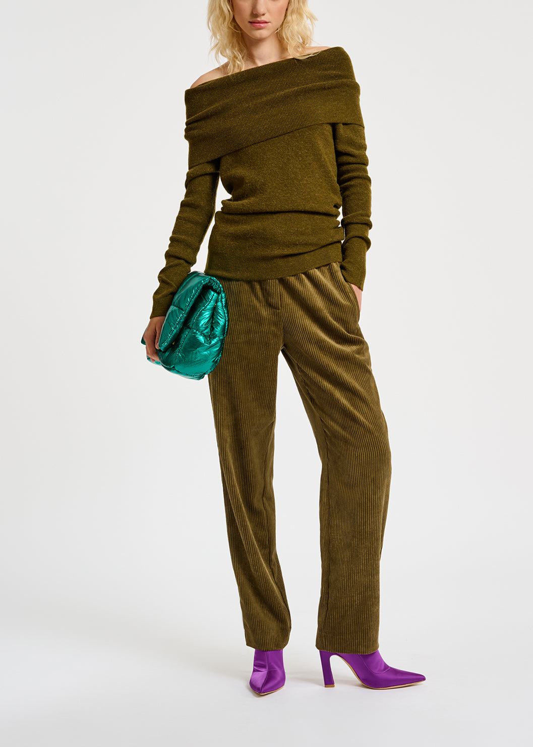 Khaki off-the-shoulder knit sweater RE—SSENTIEL | Essentiel second hand