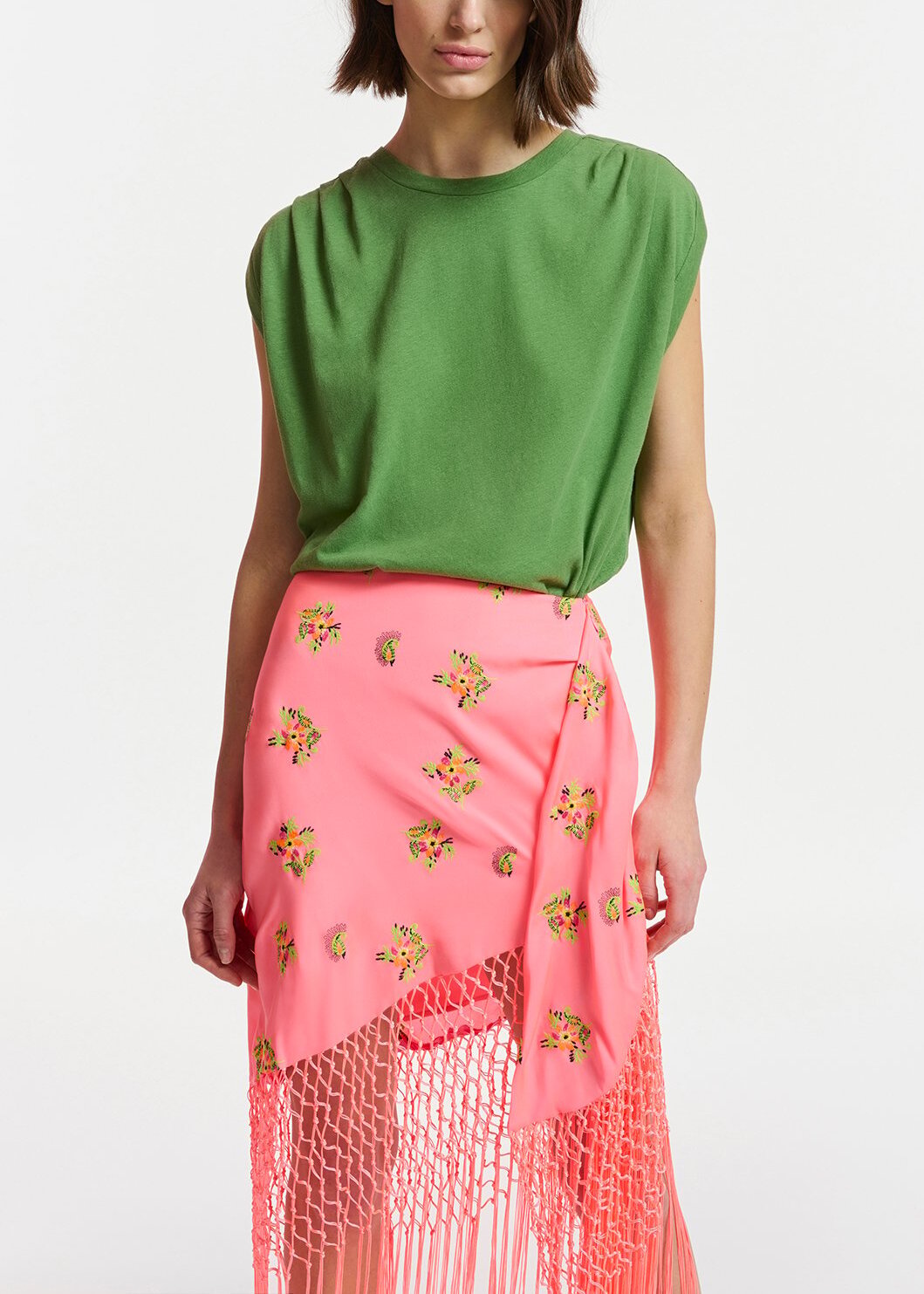 Peach embroidered front-tie mini skirt with fringes RE—SSENTIEL | Essentiel second hand