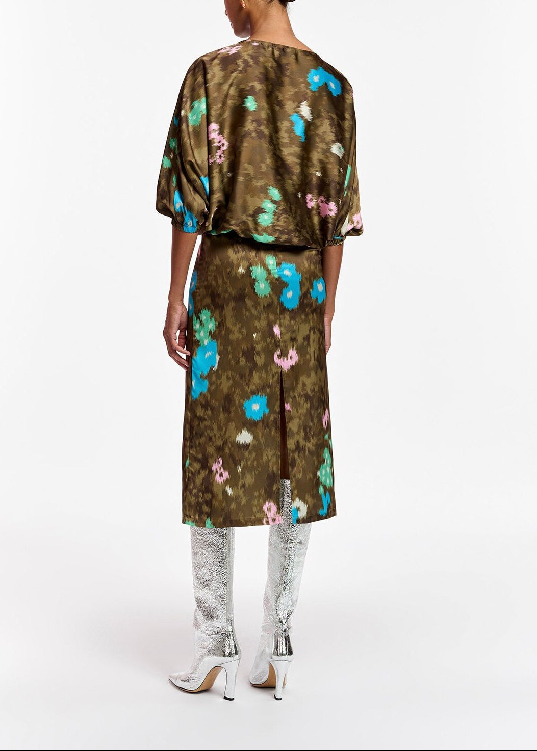 Khaki floral print midi-length dress RE—SSENTIEL | Essentiel second hand