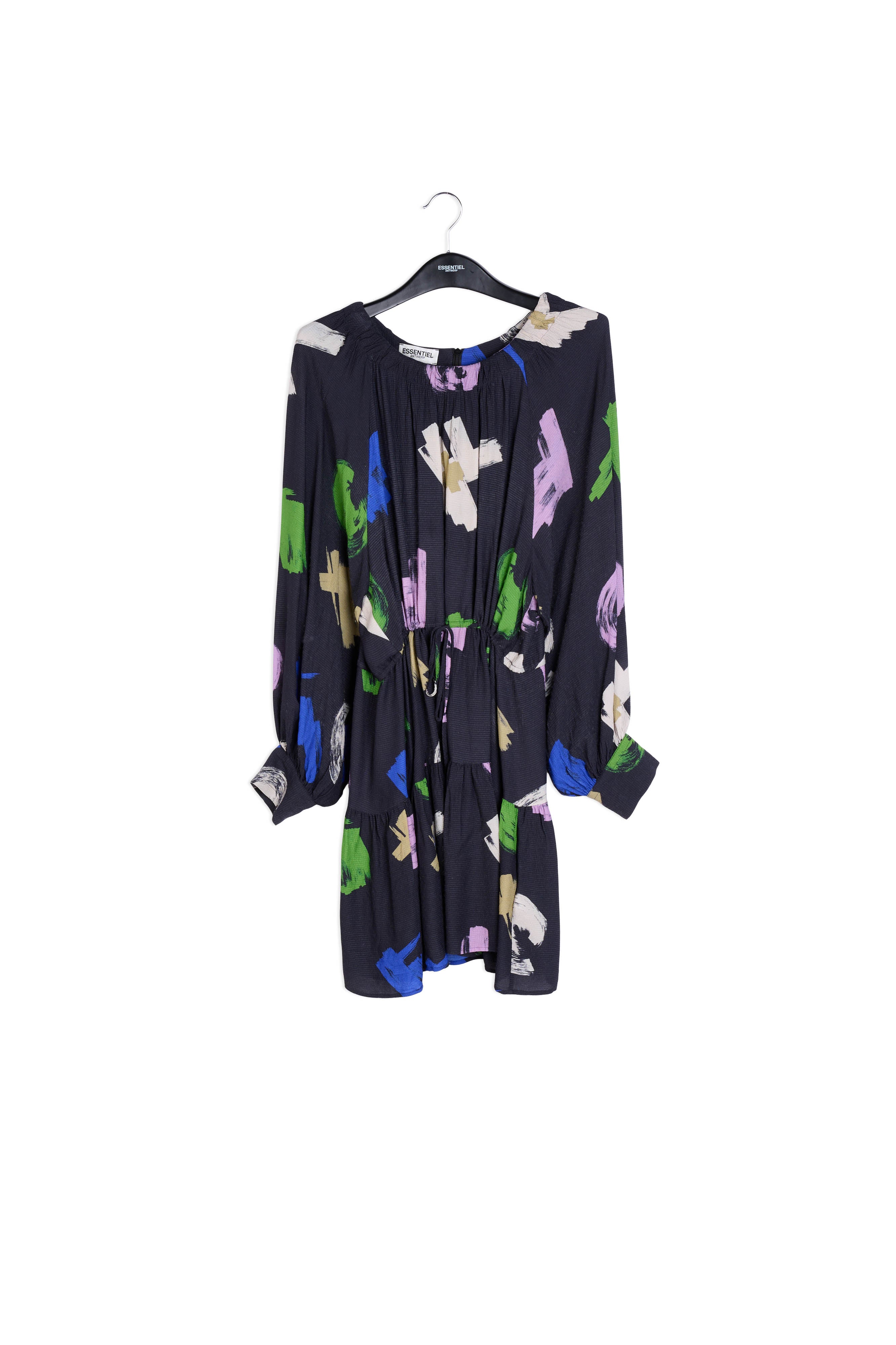 Donkerblauwe, lila en gebroken witte mini-jurk met grafische print RE—SSENTIEL | Essentiel second hand