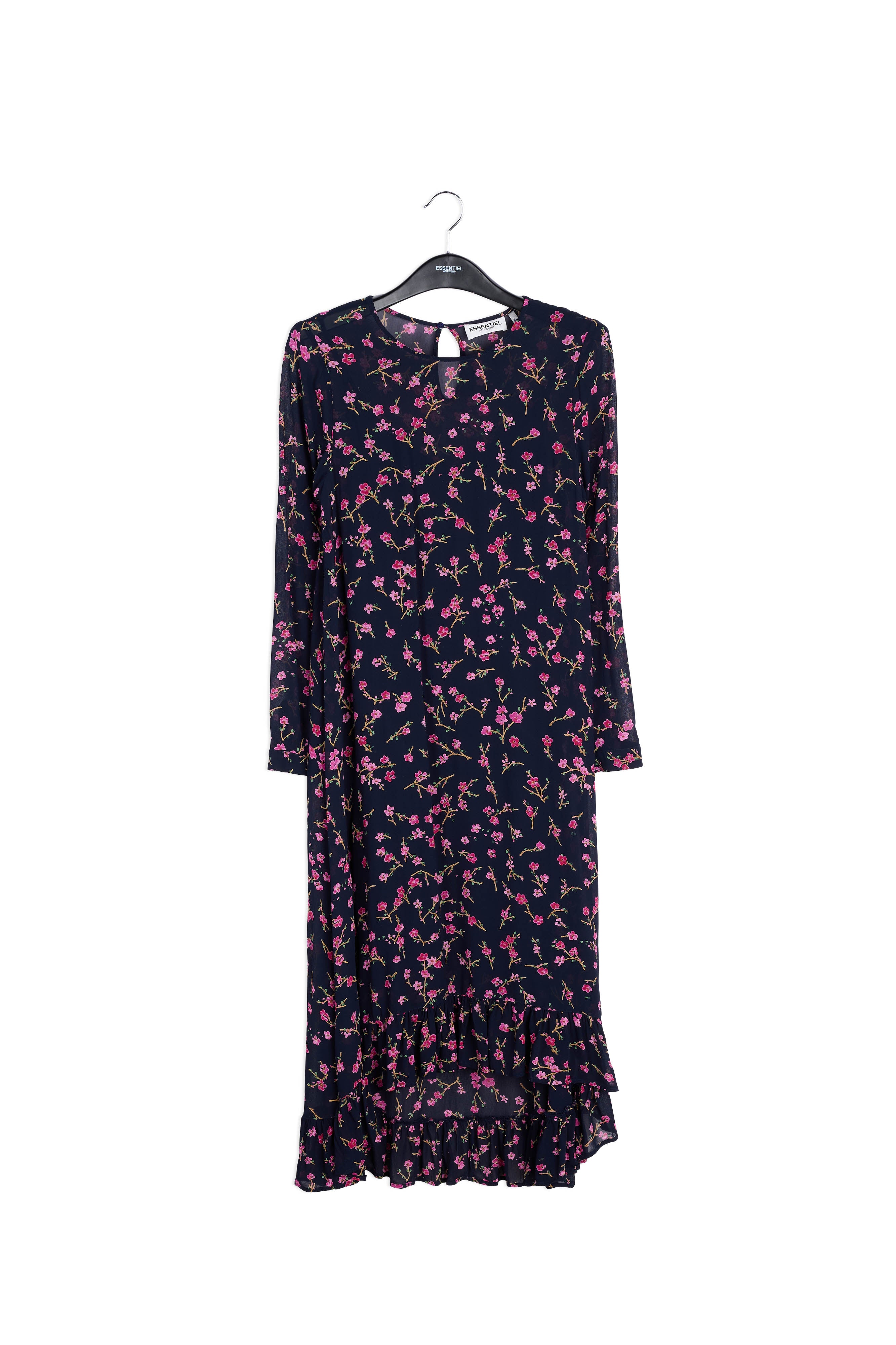 Robe a mi-longue à fleurs sur fond bleu foncé RE—SSENTIEL | Essentiel second hand