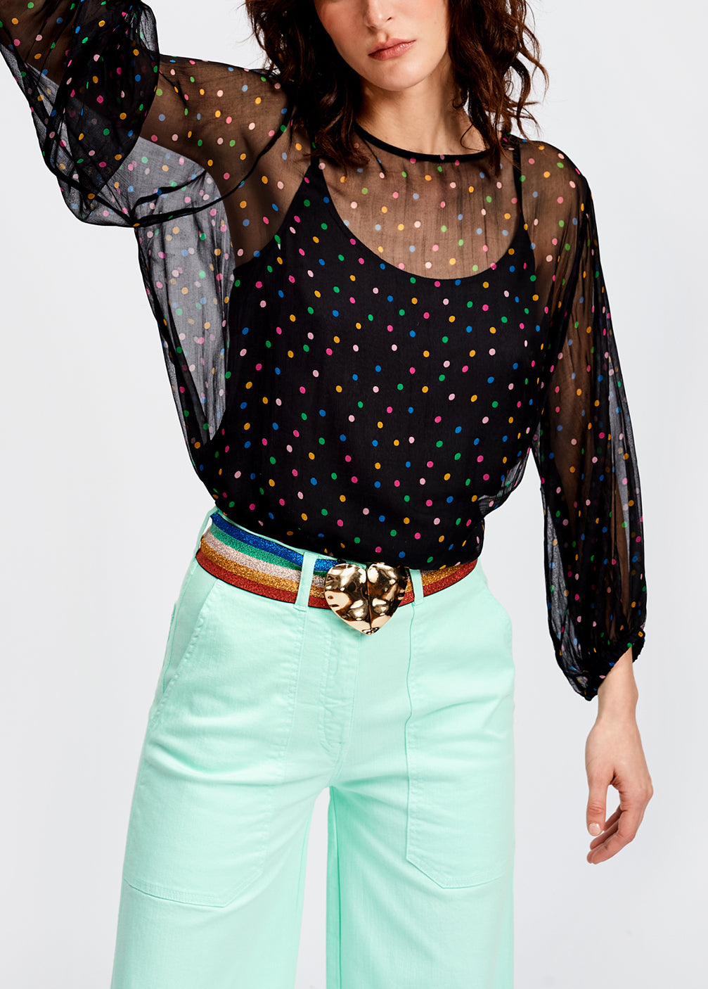 Zwarte doorschijnende top met voering en stippen RE—SSENTIEL | Essentiel second hand