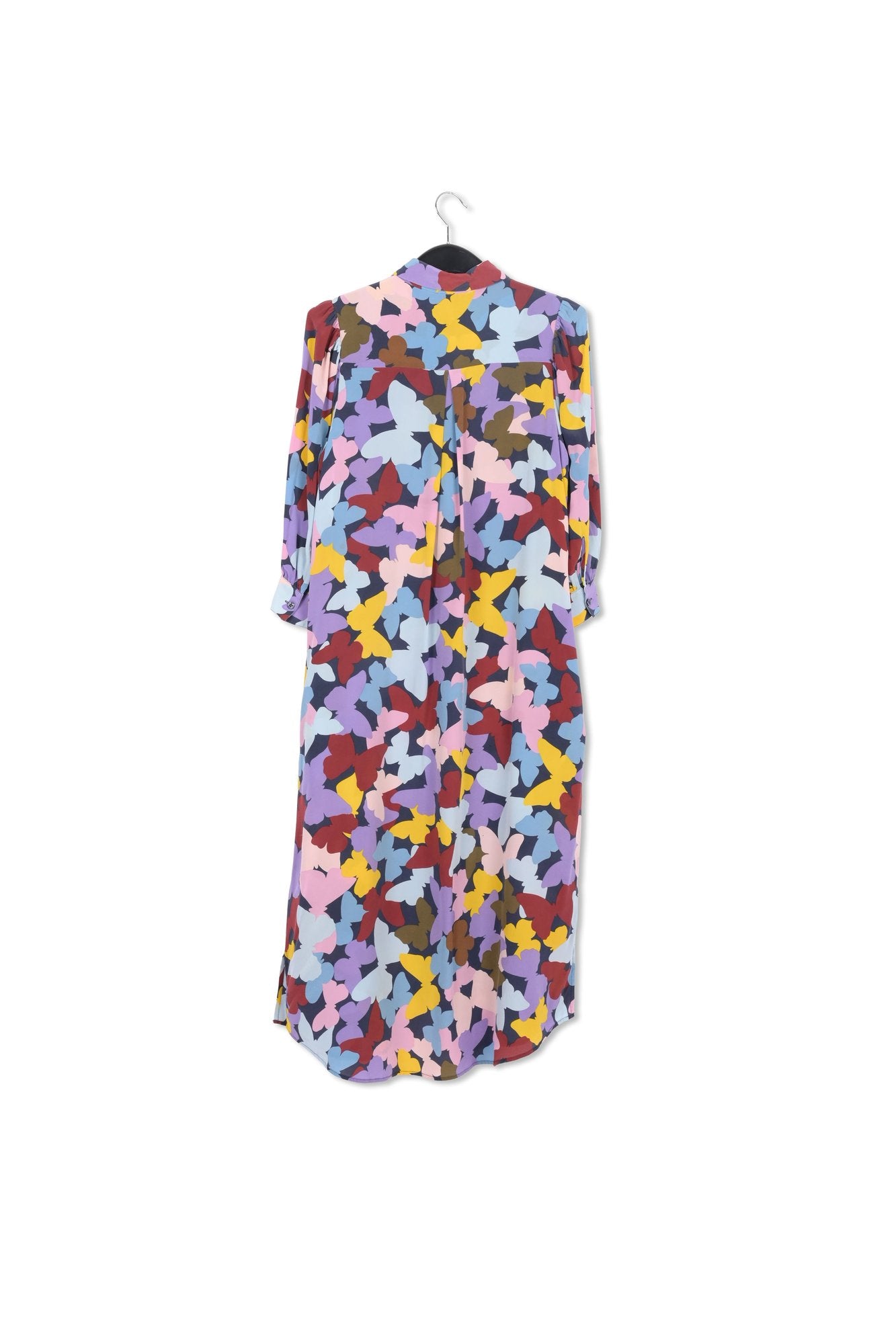 Robe midi en soie à papillons bordeaux, lilas et bleu RE—SSENTIEL | Essentiel second hand