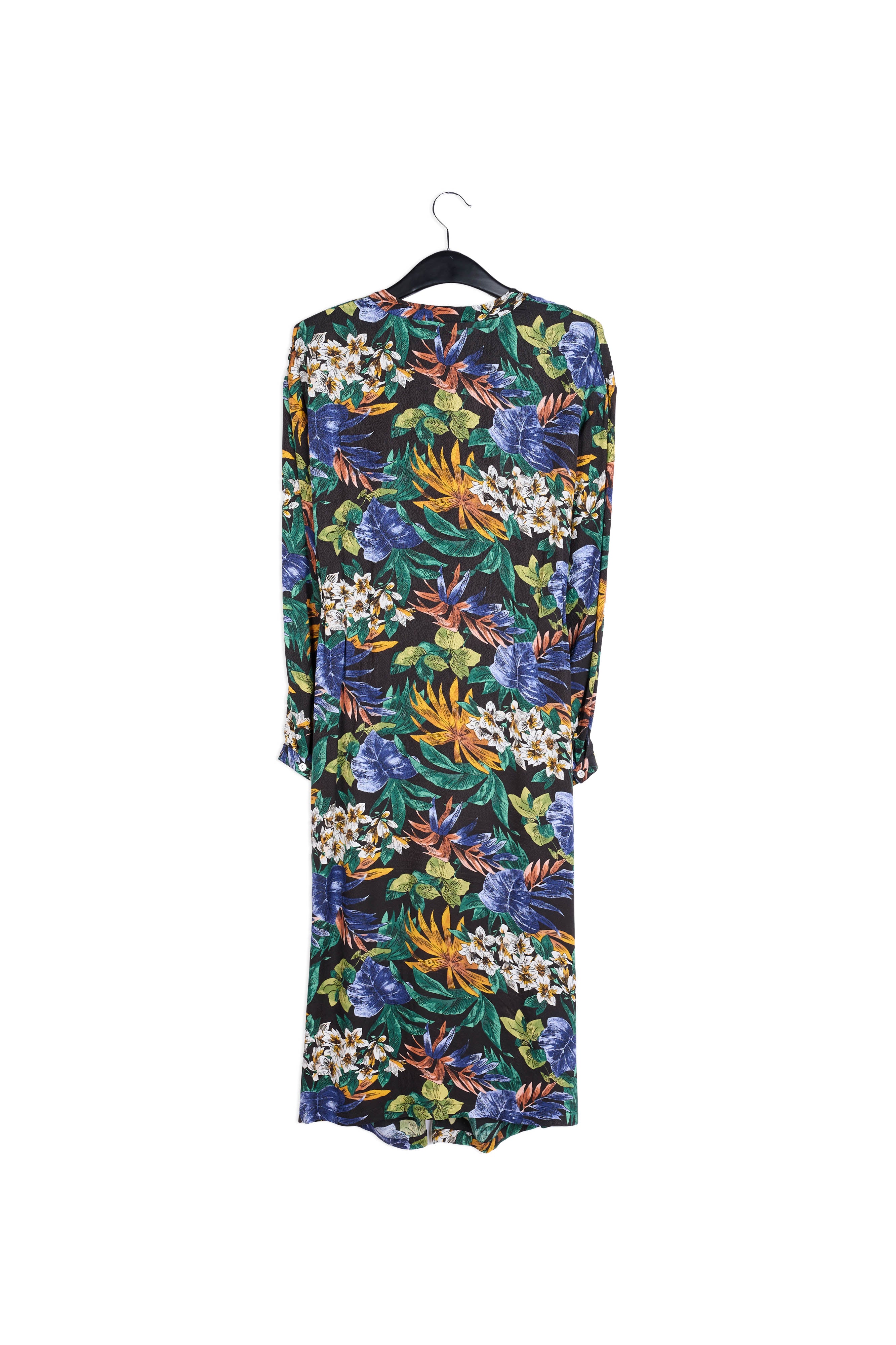 Groene, blauwe en oranje midi-jurk met bloemen RE—SSENTIEL | Essentiel second hand