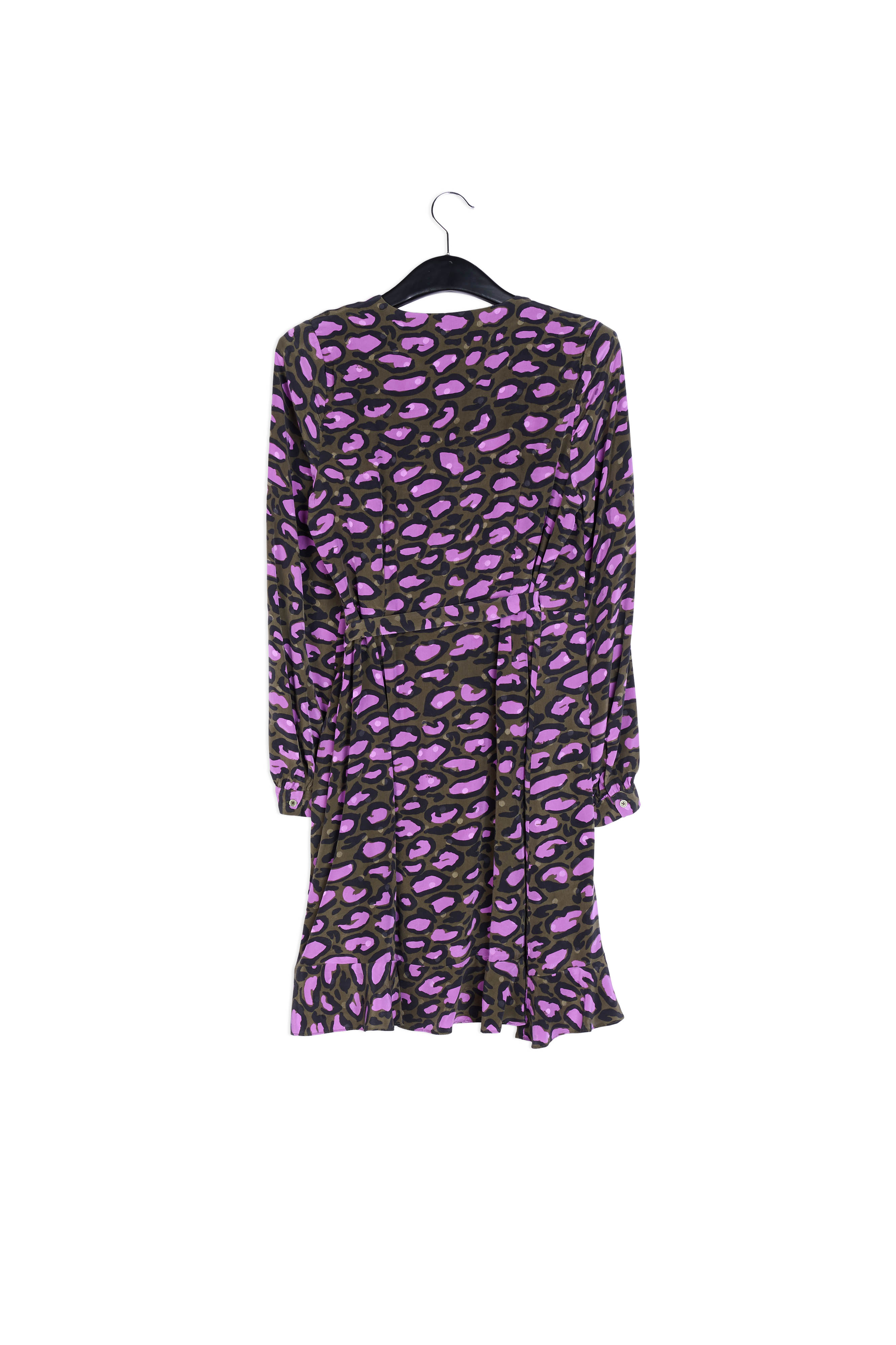 Kakigroene zijden wikkeljurk met luipaardprint RE—SSENTIEL | Essentiel second hand