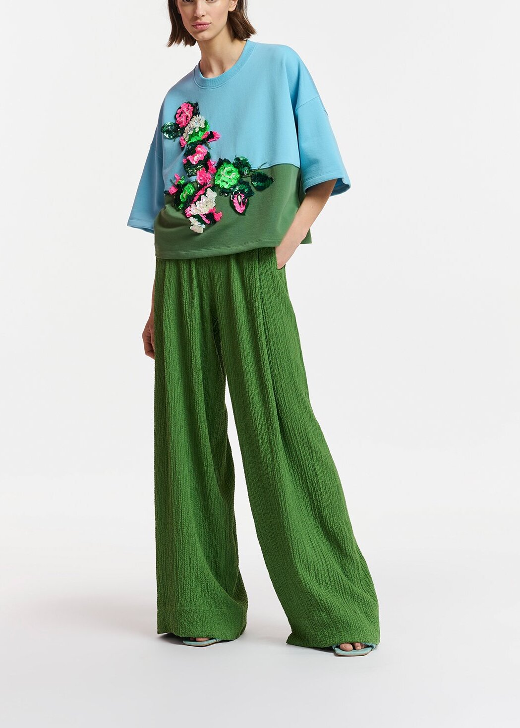 Dark green wide-leg seersucker pants RE—SSENTIEL | Essentiel second hand
