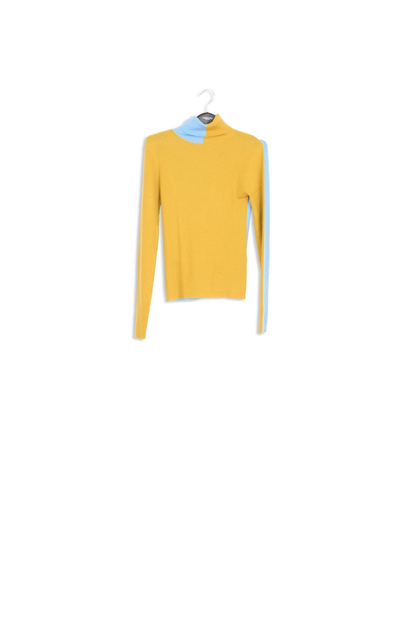 Pull à col roulé en tricot bicolore ocre et bleu RE—SSENTIEL | Essentiel second hand