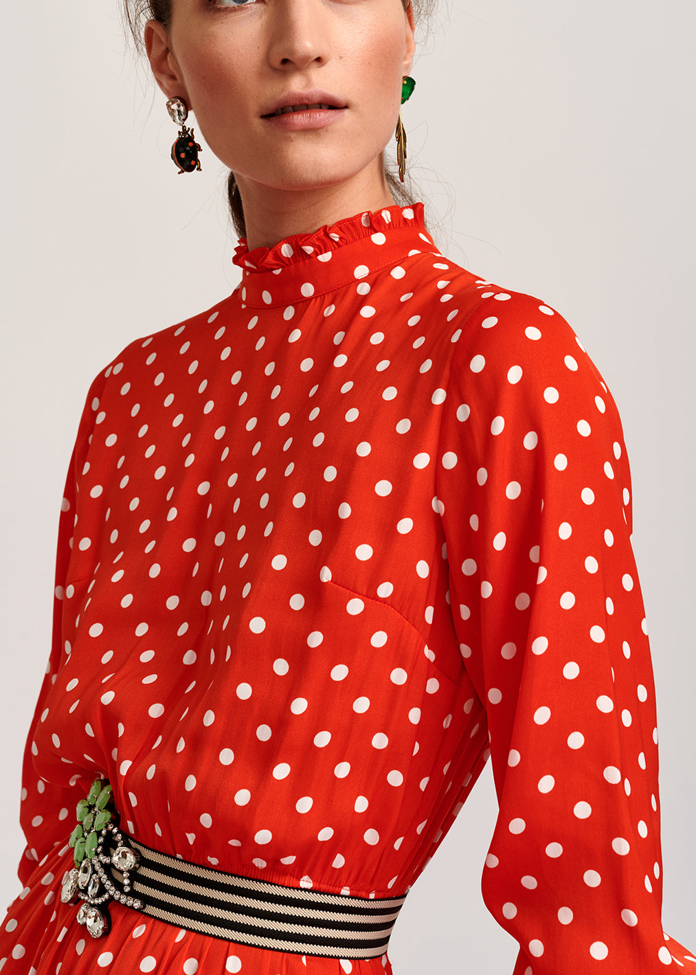 Red polka dot ruffled midi dress RE—SSENTIEL | Essentiel second hand