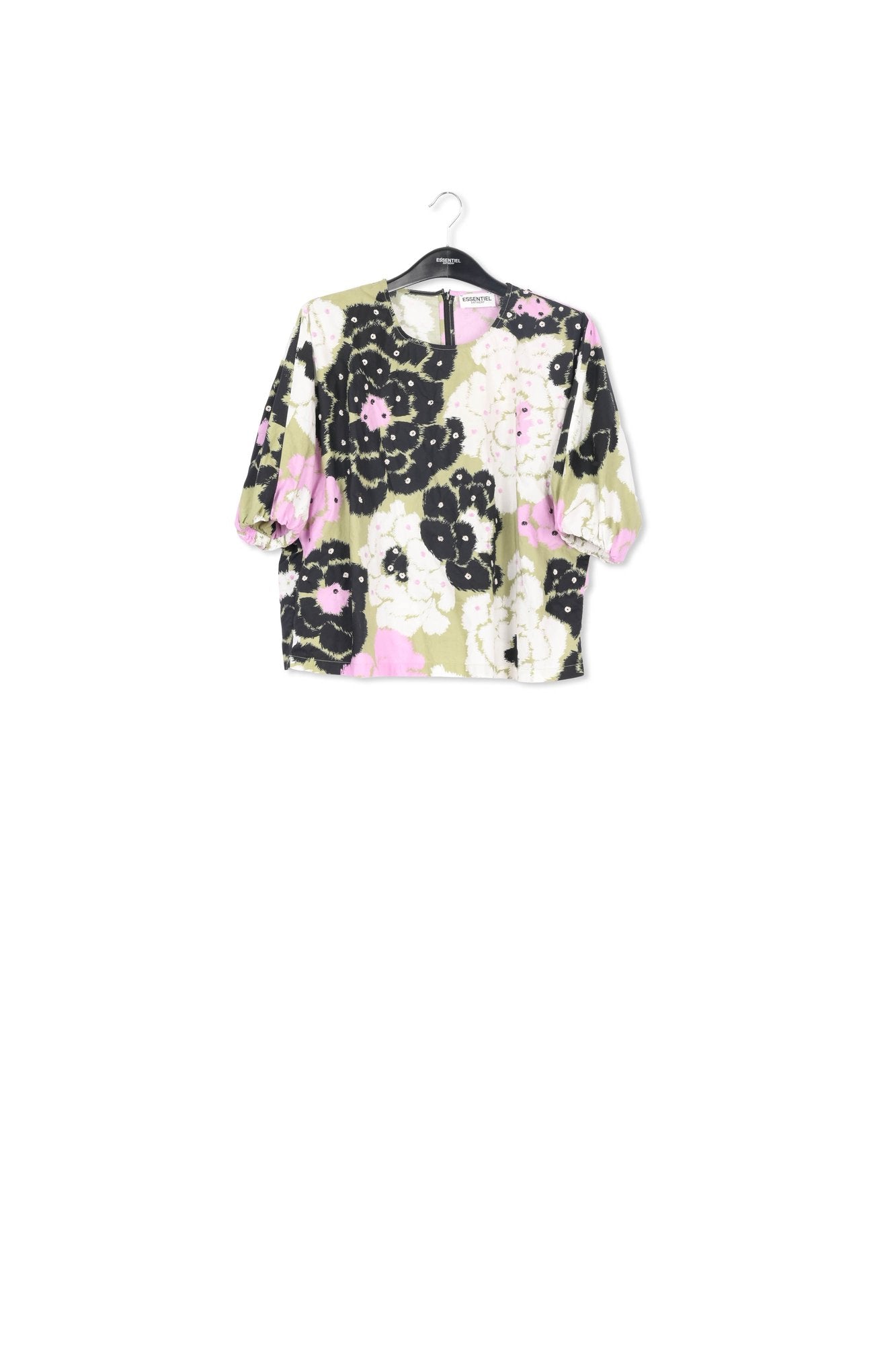 Kaki, lila en gebroken witte top met pofmouwen RE—SSENTIEL | Essentiel second hand