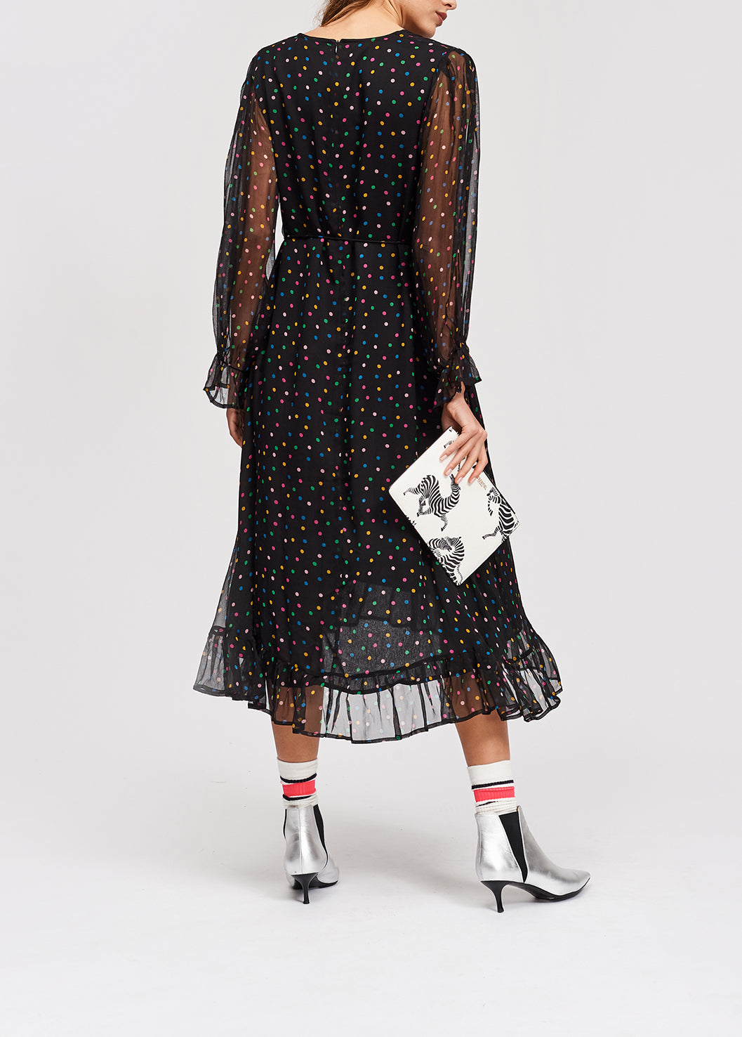Black polka dot maxi dress with frilled hem RE—SSENTIEL | Essentiel second hand