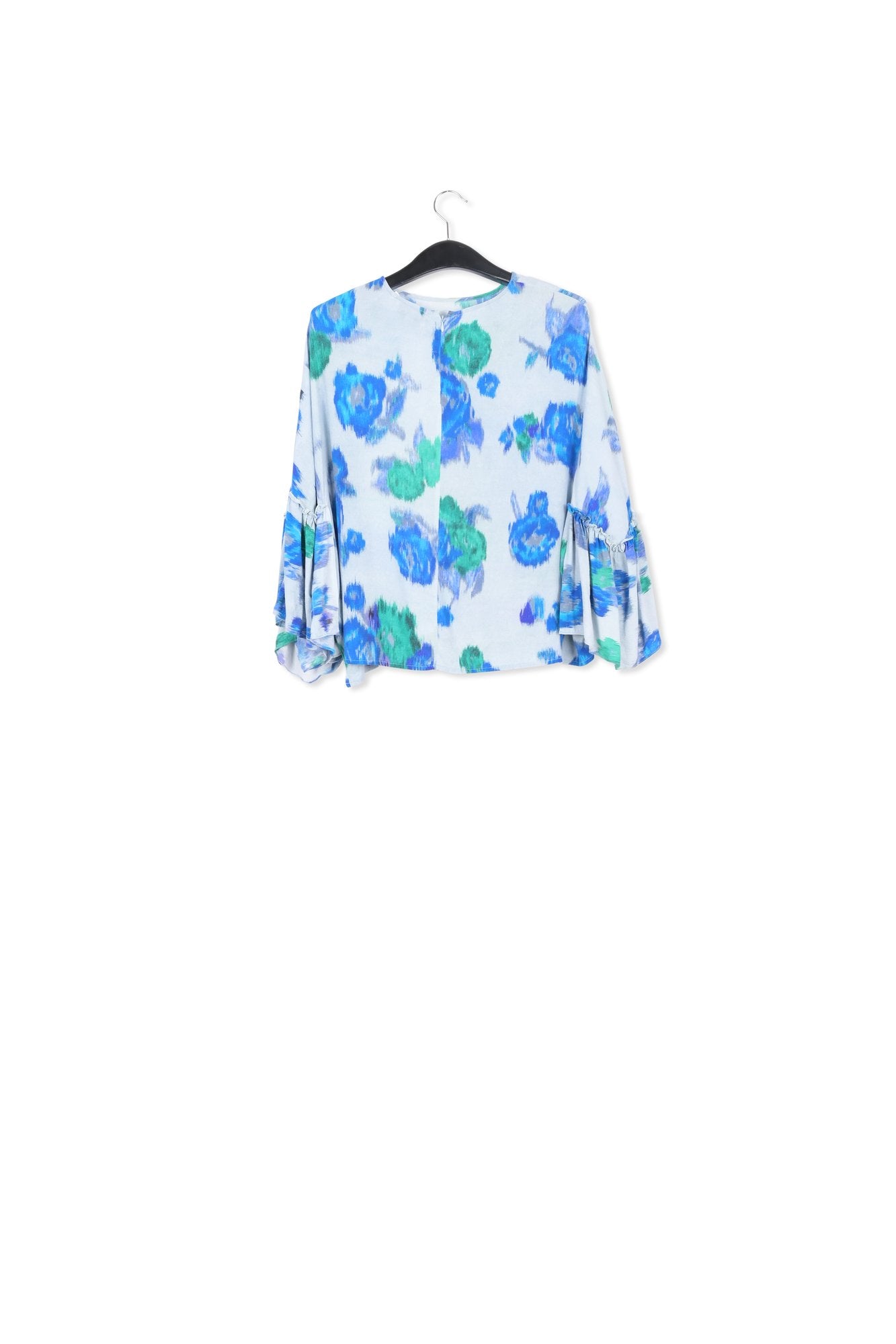 Light blue, blue and green floral printed top with ruffled sleeves RE—SSENTIEL | Essentiel second hand