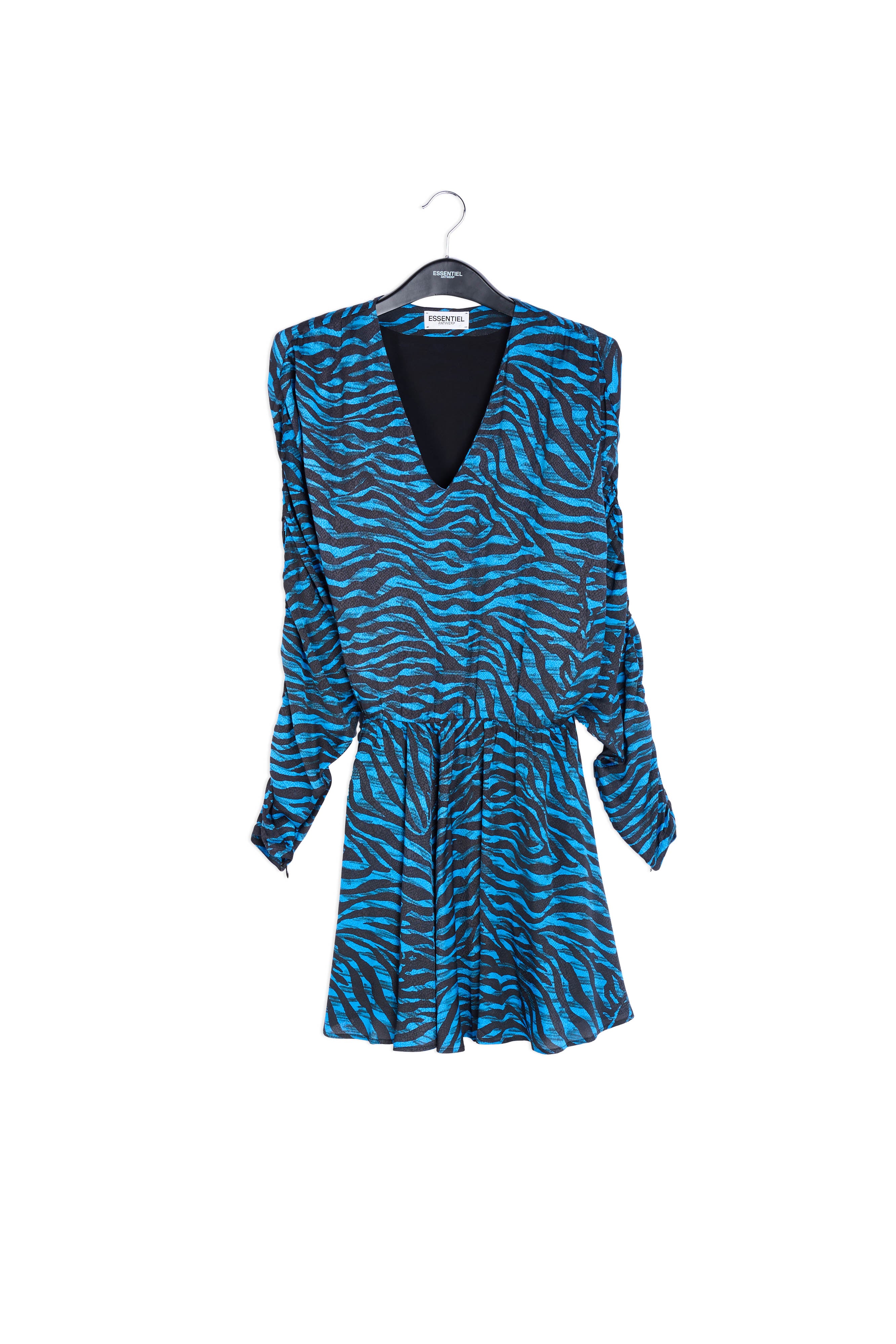 Volumineuze mini-jurk met blauwe en groene zebraprint RE—SSENTIEL | Essentiel second hand