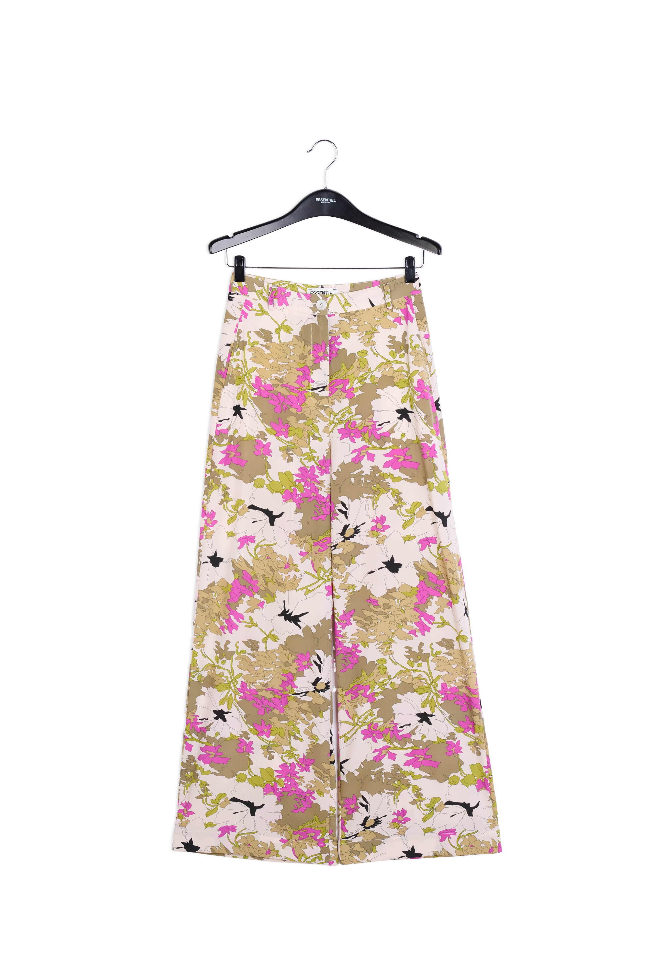 Kakigroene, witte en roze bloemenbroek met wijde pijpen RE—SSENTIEL | Essentiel second hand