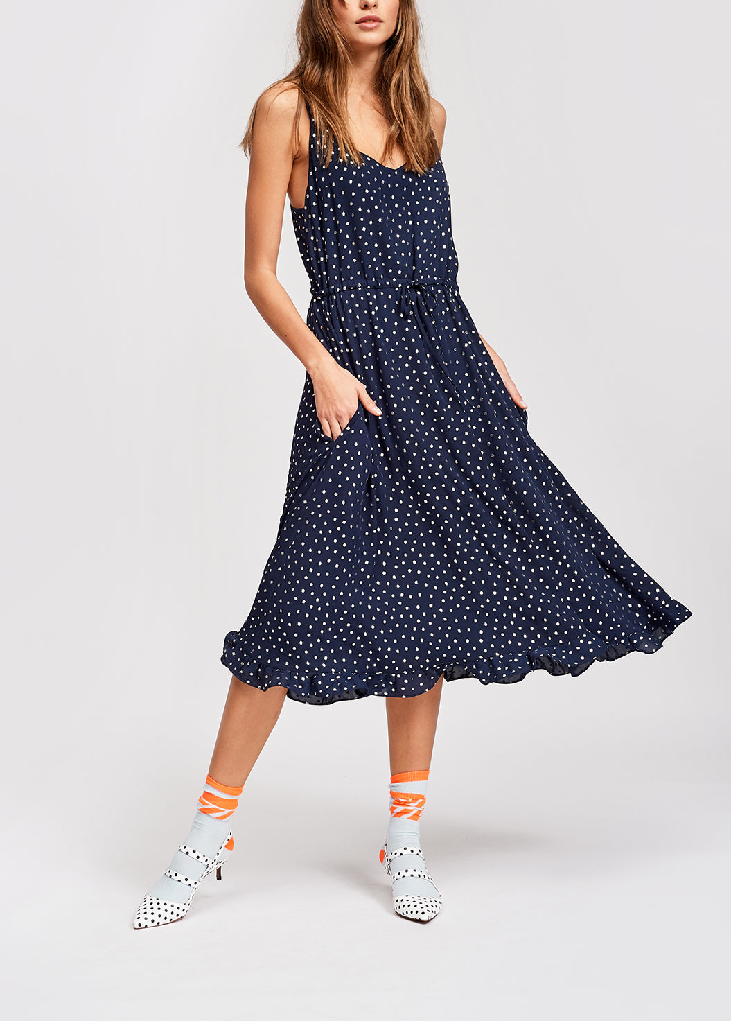 Dark blue flared midi dress with silver polka dots RE—SSENTIEL | Essentiel second hand