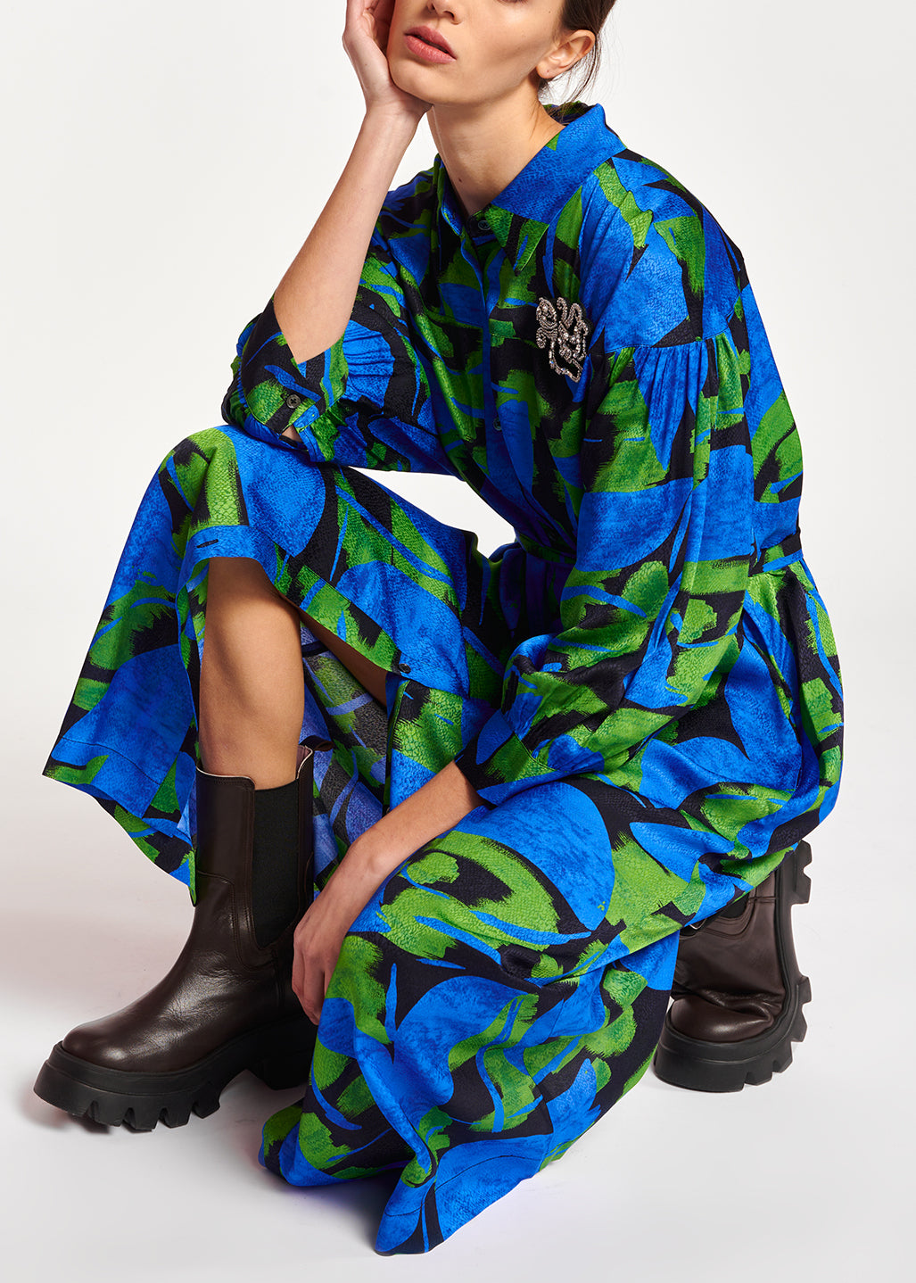 Blue, black and green abstract print midi dress RE—SSENTIEL | Essentiel second hand