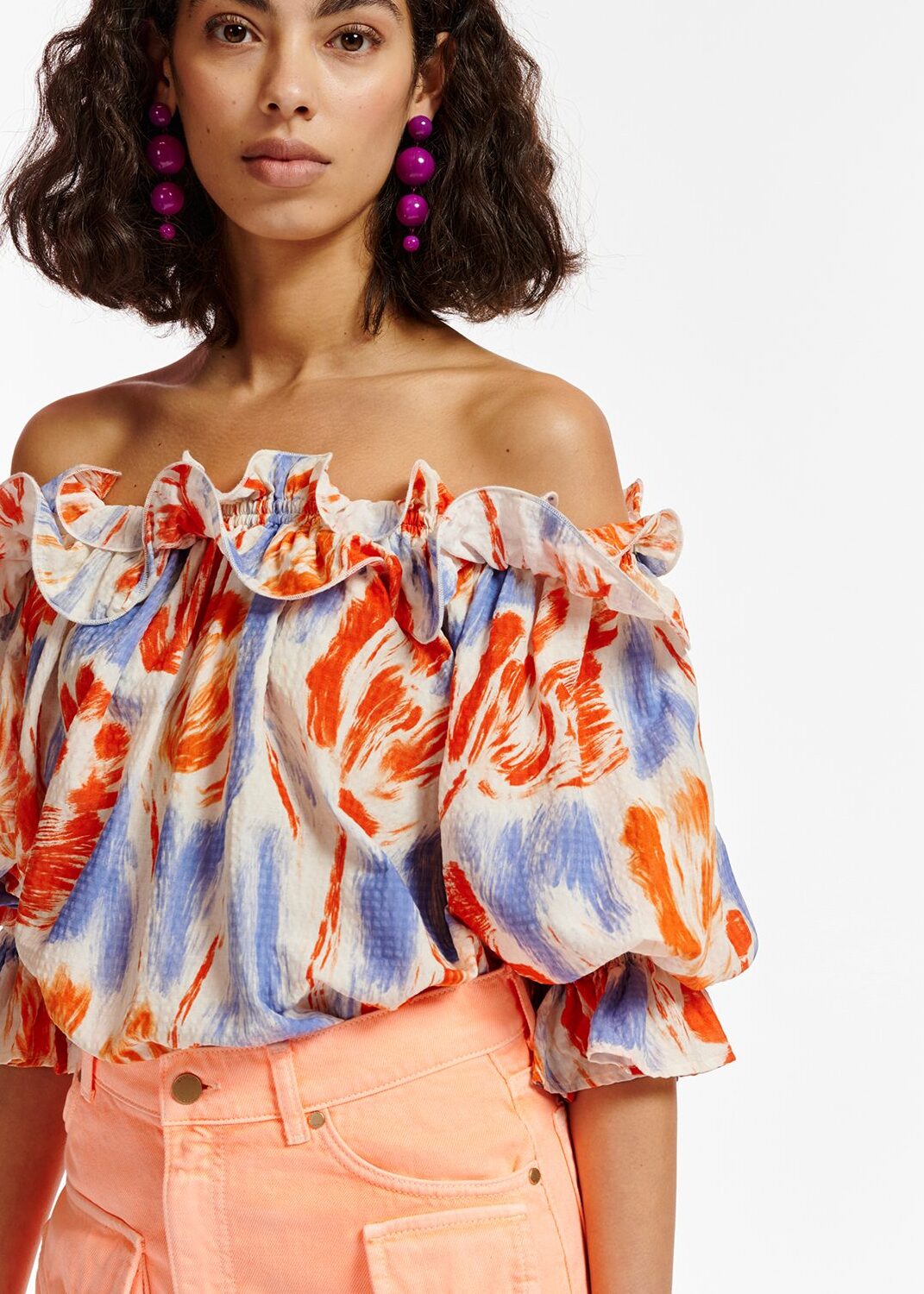 Light blue and orange floral print off-the-shoulder top RE—SSENTIEL | Essentiel second hand