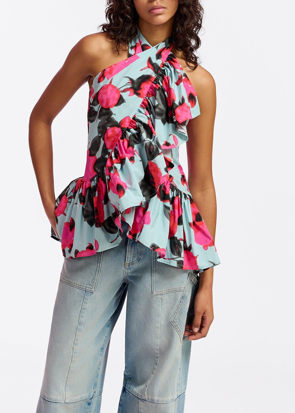 Light blue halter neck top with floral-print RE—SSENTIEL | Essentiel second hand