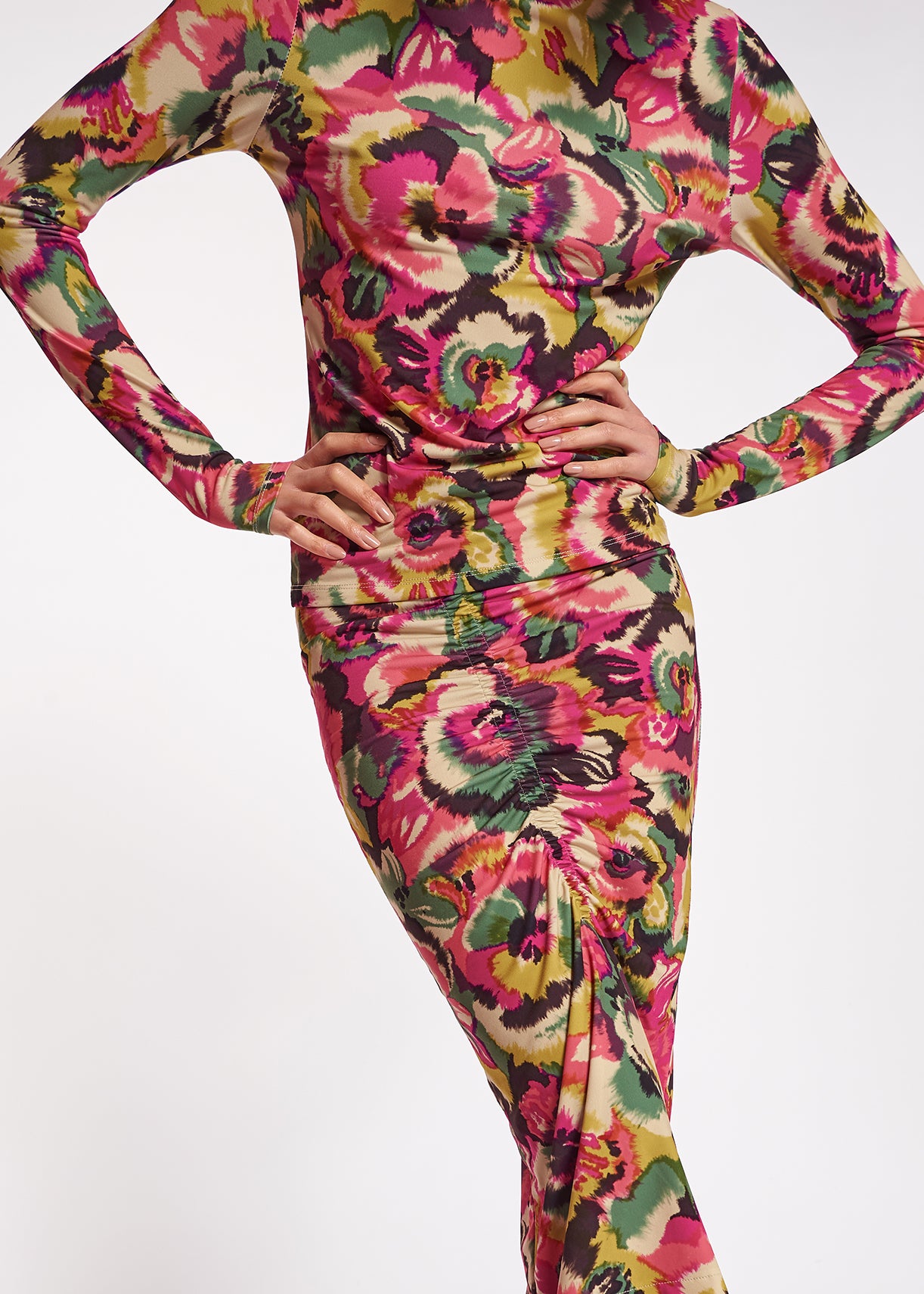 Jupe midi en jersey stretch à fleurs et à ruches RE—SSENTIEL | Essentiel second hand