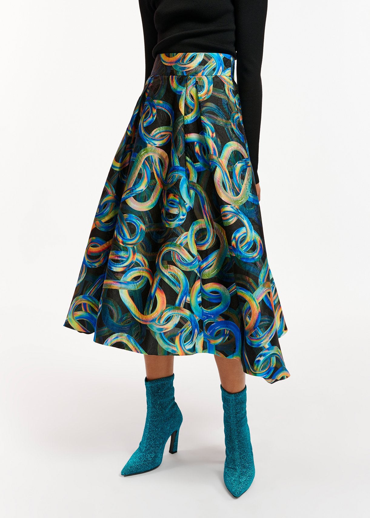 Black jacquard pleated midi skirt with abstract print RE—SSENTIEL | Essentiel second hand