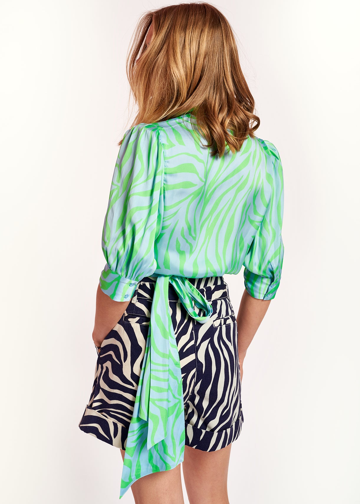 Baby blue and green zebra-print wrap top RE—SSENTIEL | Essentiel second hand