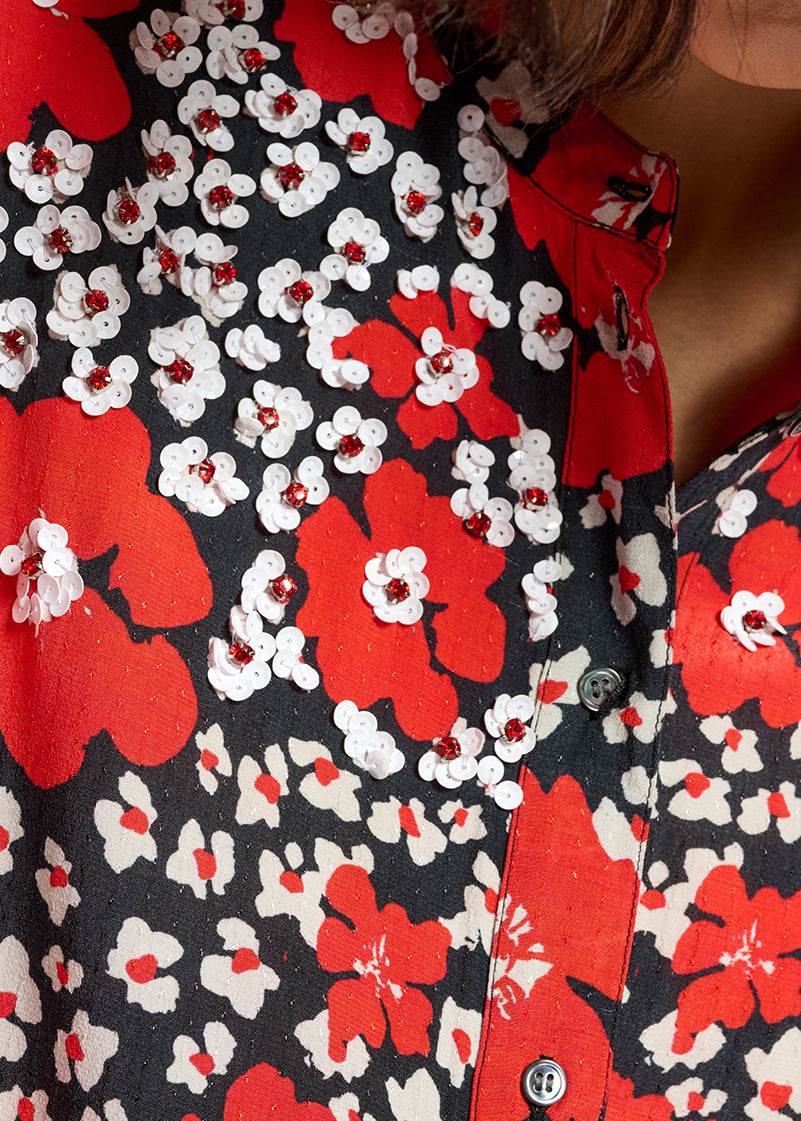 Dark blue, red and white floral-print shirt RE—SSENTIEL | Essentiel second hand