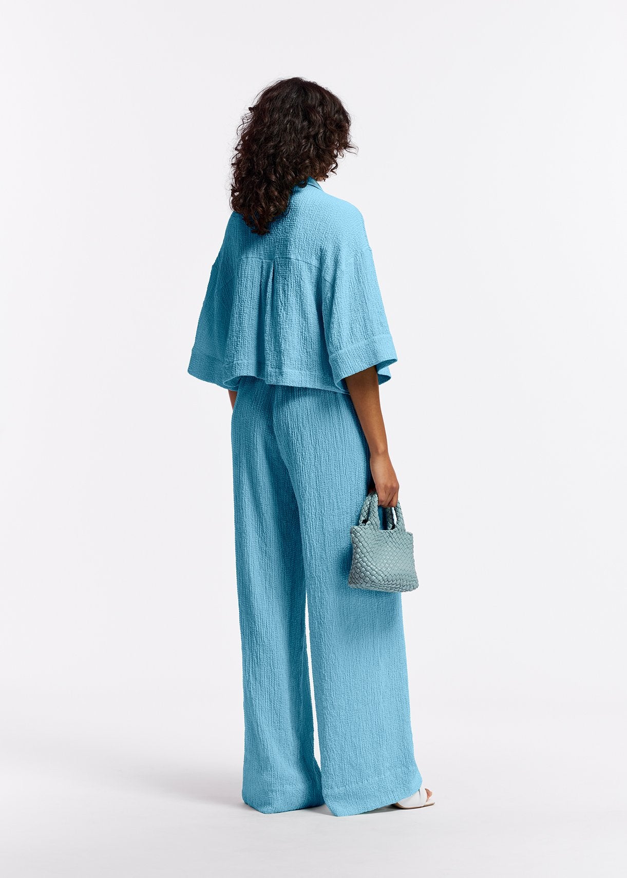 Light blue wide-leg seersucker pants RE—SSENTIEL | Essentiel second hand